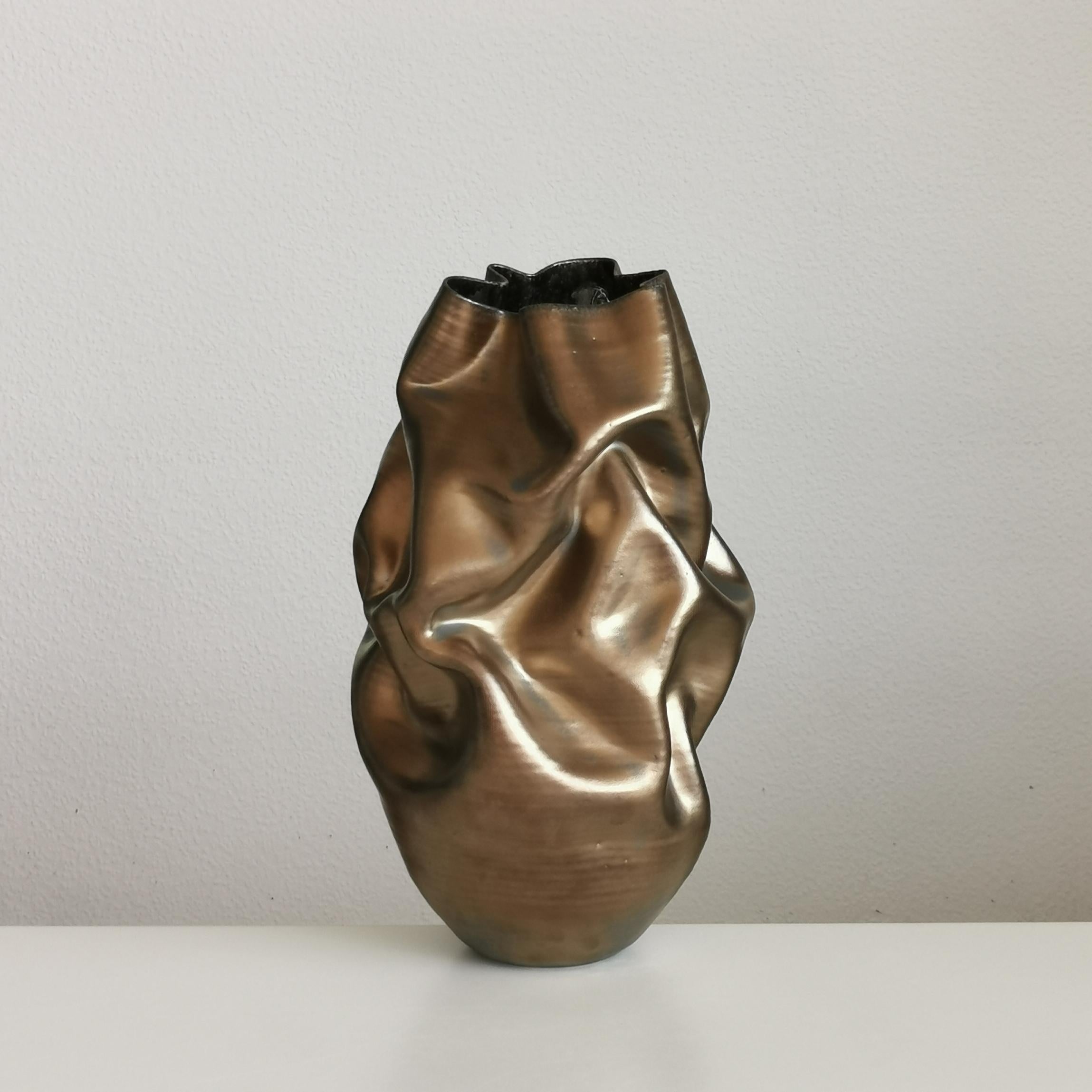 Medium Tall Gold Crumpled Form, Vessel No.131, Ceramic Sculpture For Sale 4