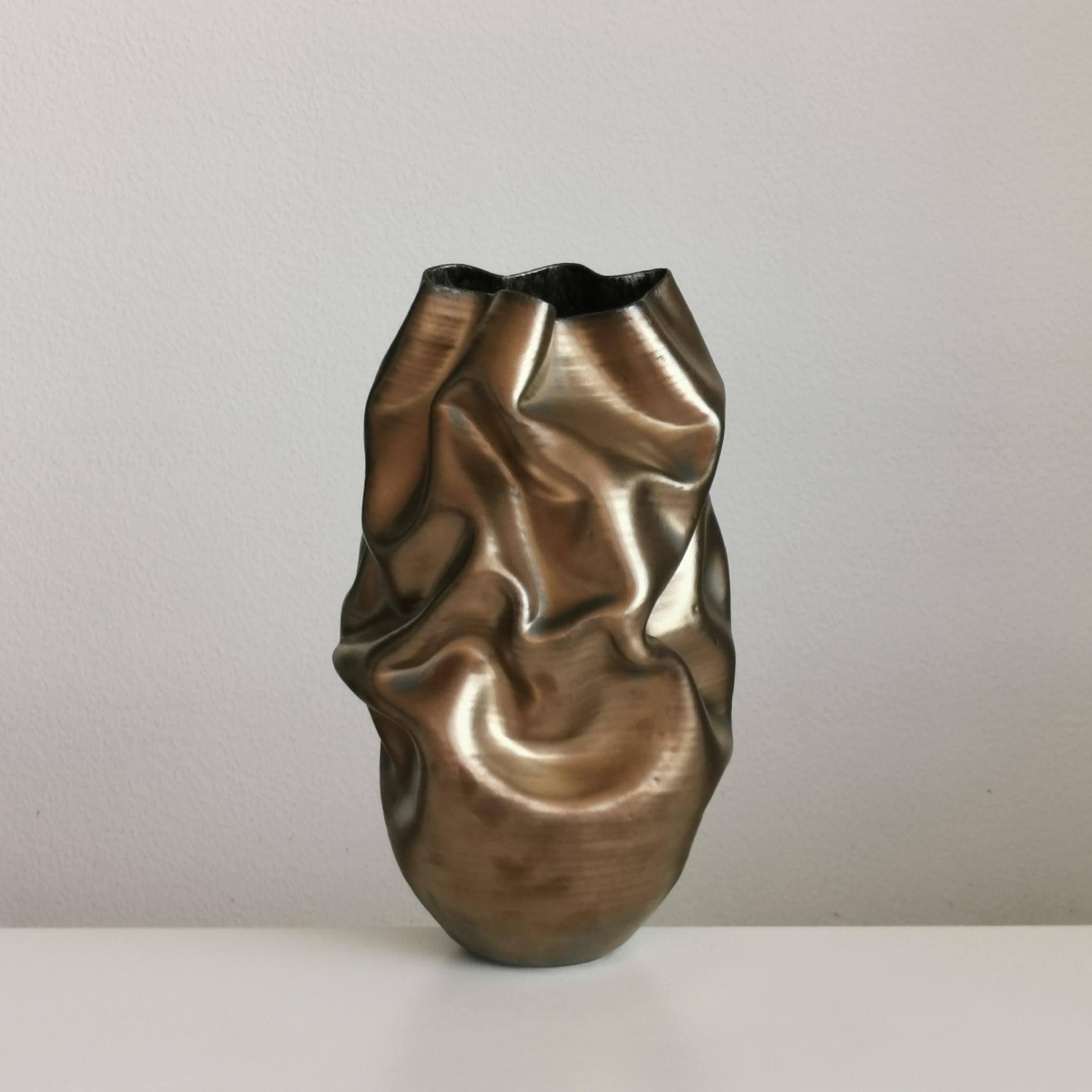 Organic Modern Medium Tall Gold Crumpled Form, Vessel No.131, Ceramic Sculpture For Sale