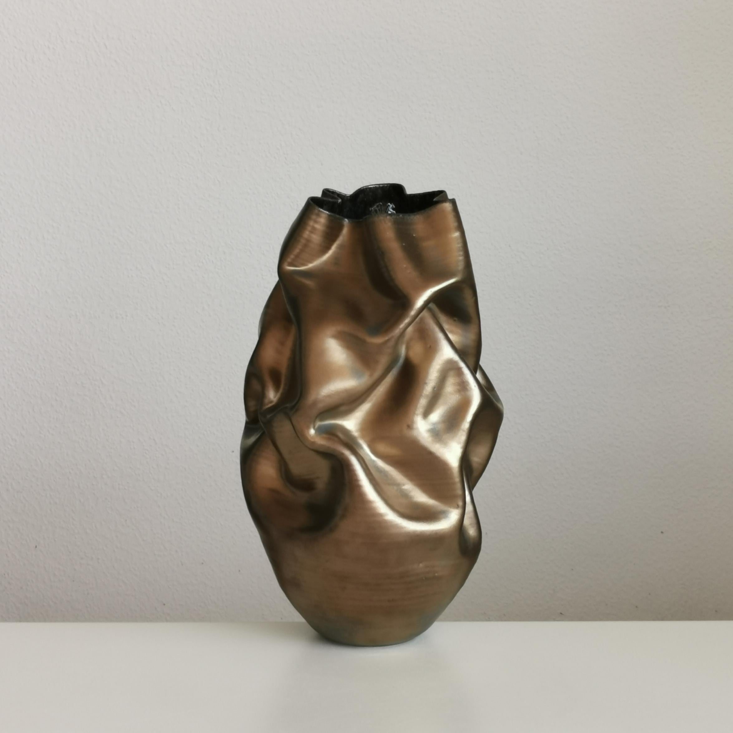 Spanish Medium Tall Gold Crumpled Form, Vessel No.131, Ceramic Sculpture For Sale
