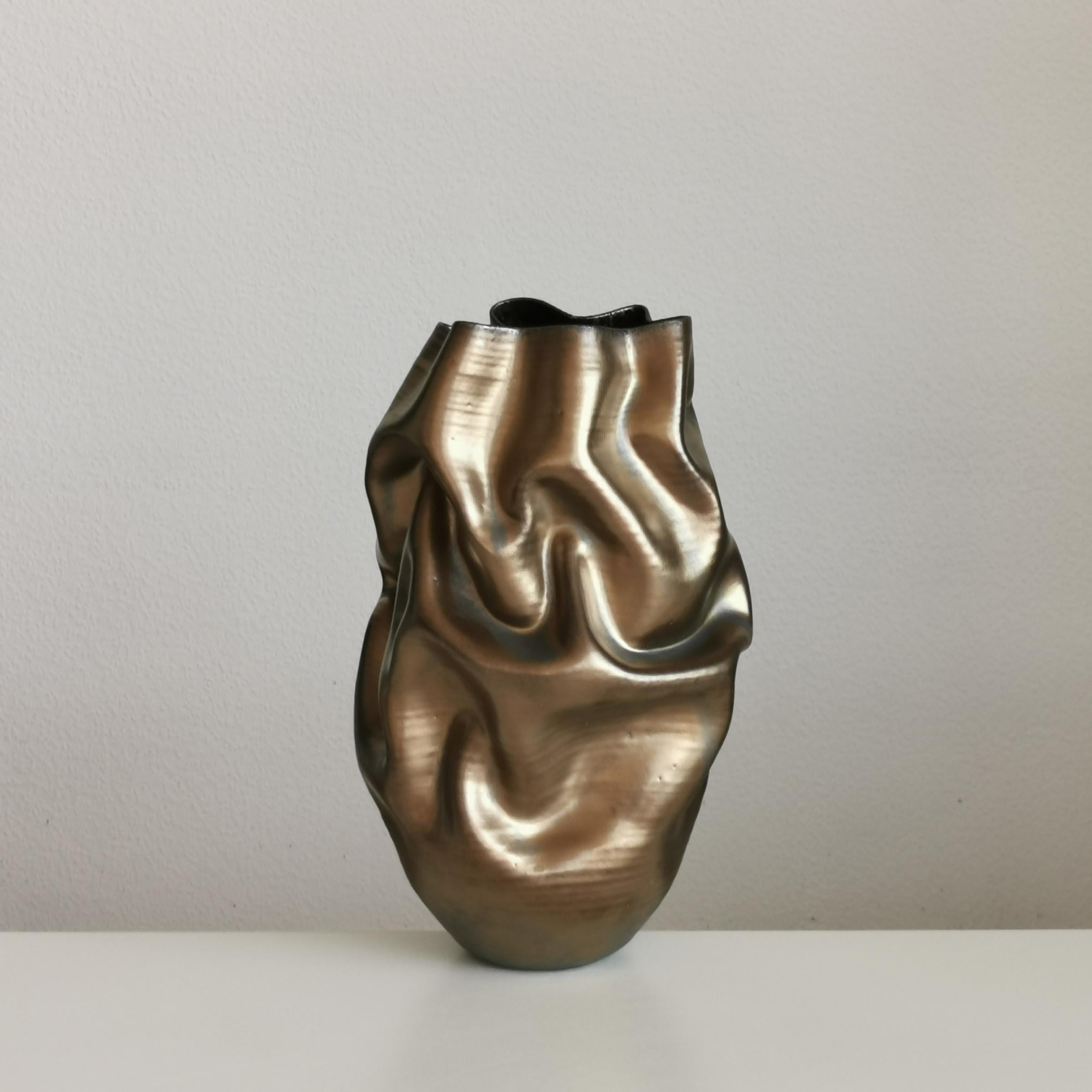 Contemporary Medium Tall Gold Crumpled Form, Vessel No.131, Ceramic Sculpture For Sale