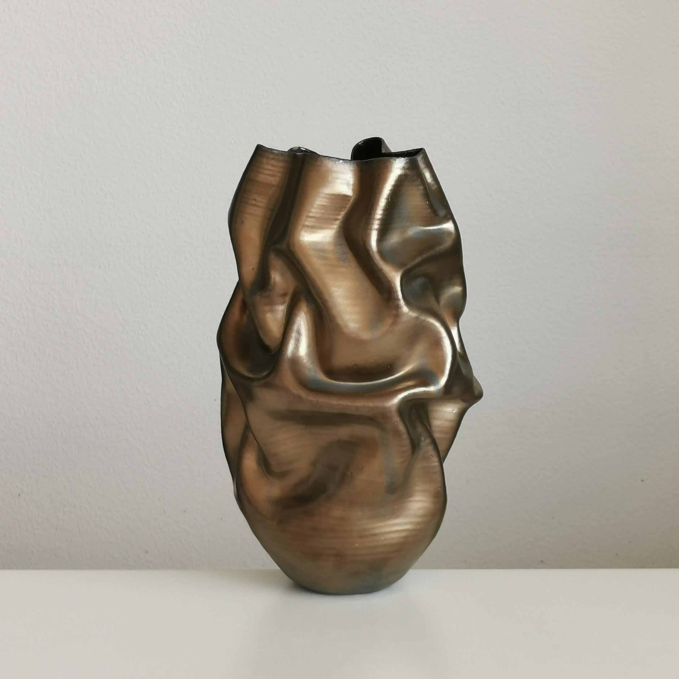 Medium Tall Gold Crumpled Form, Vessel No.131, Ceramic Sculpture For Sale 1
