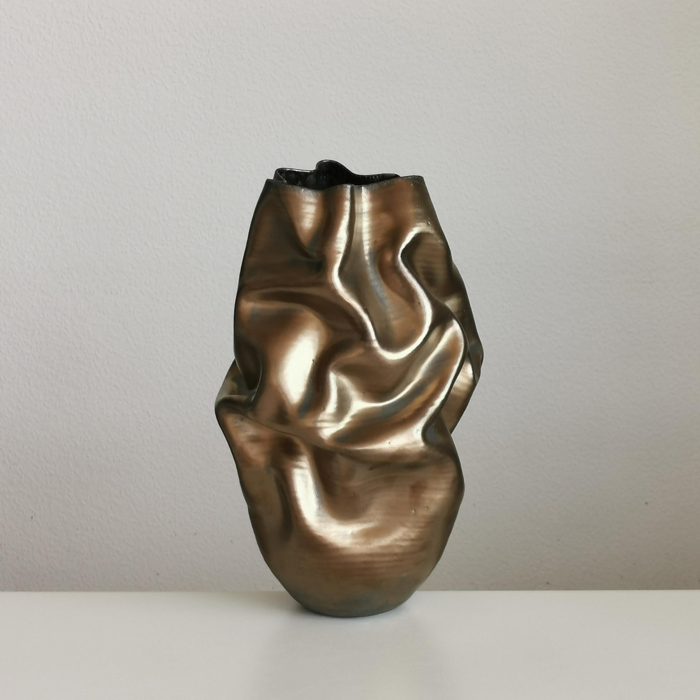 Medium Tall Gold Crumpled Form, Vessel No.131, Ceramic Sculpture For Sale 2
