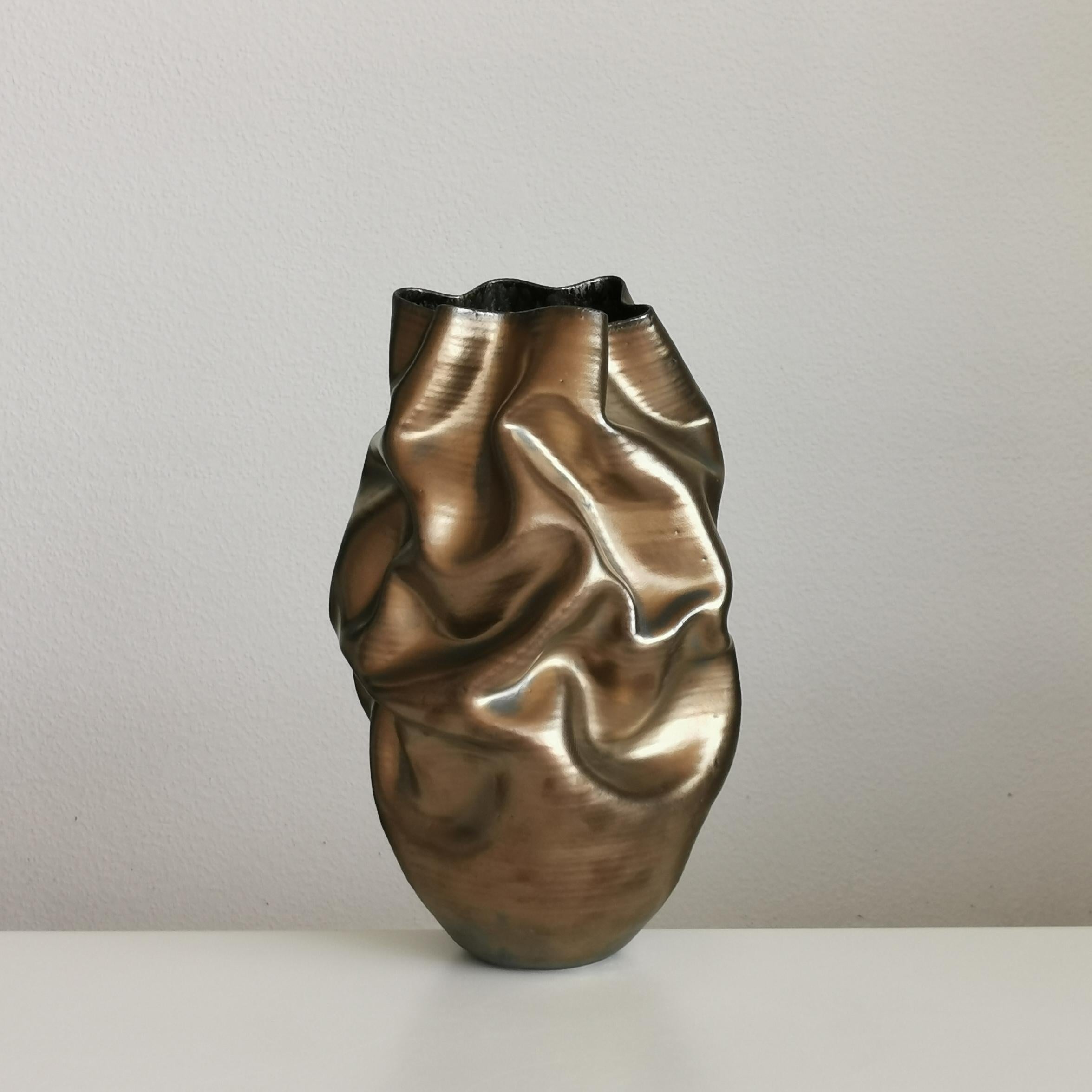 Medium Tall Gold Crumpled Form, Vessel No.131, Ceramic Sculpture For Sale 3
