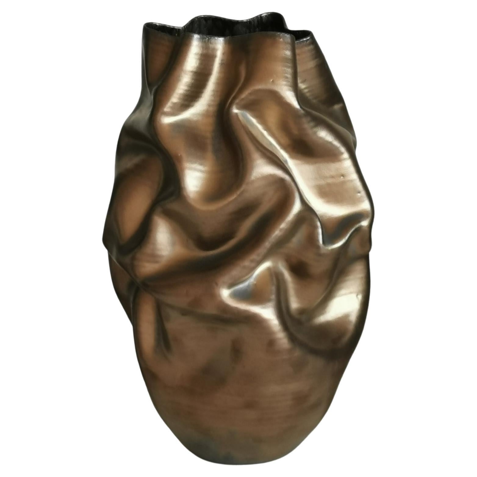 Medium Tall Gold Crumpled Form, Vessel No.131, Ceramic Sculpture For Sale