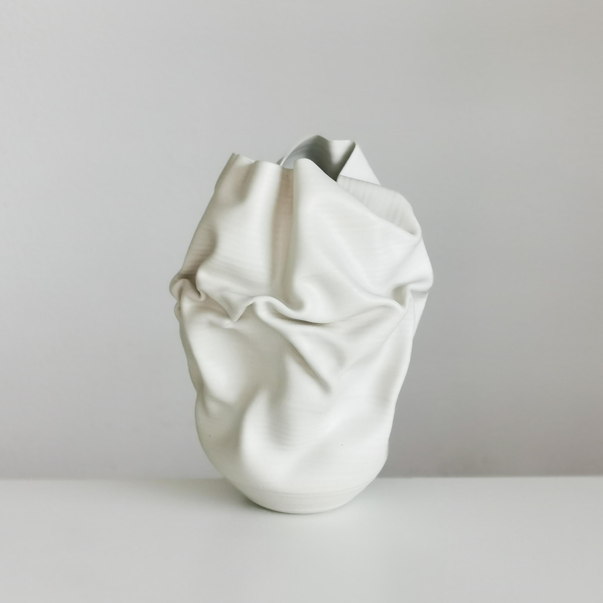 Medium Tall White Undulating Crumpled Form, Unique Ceramic Sculpture Vessel N.51 2