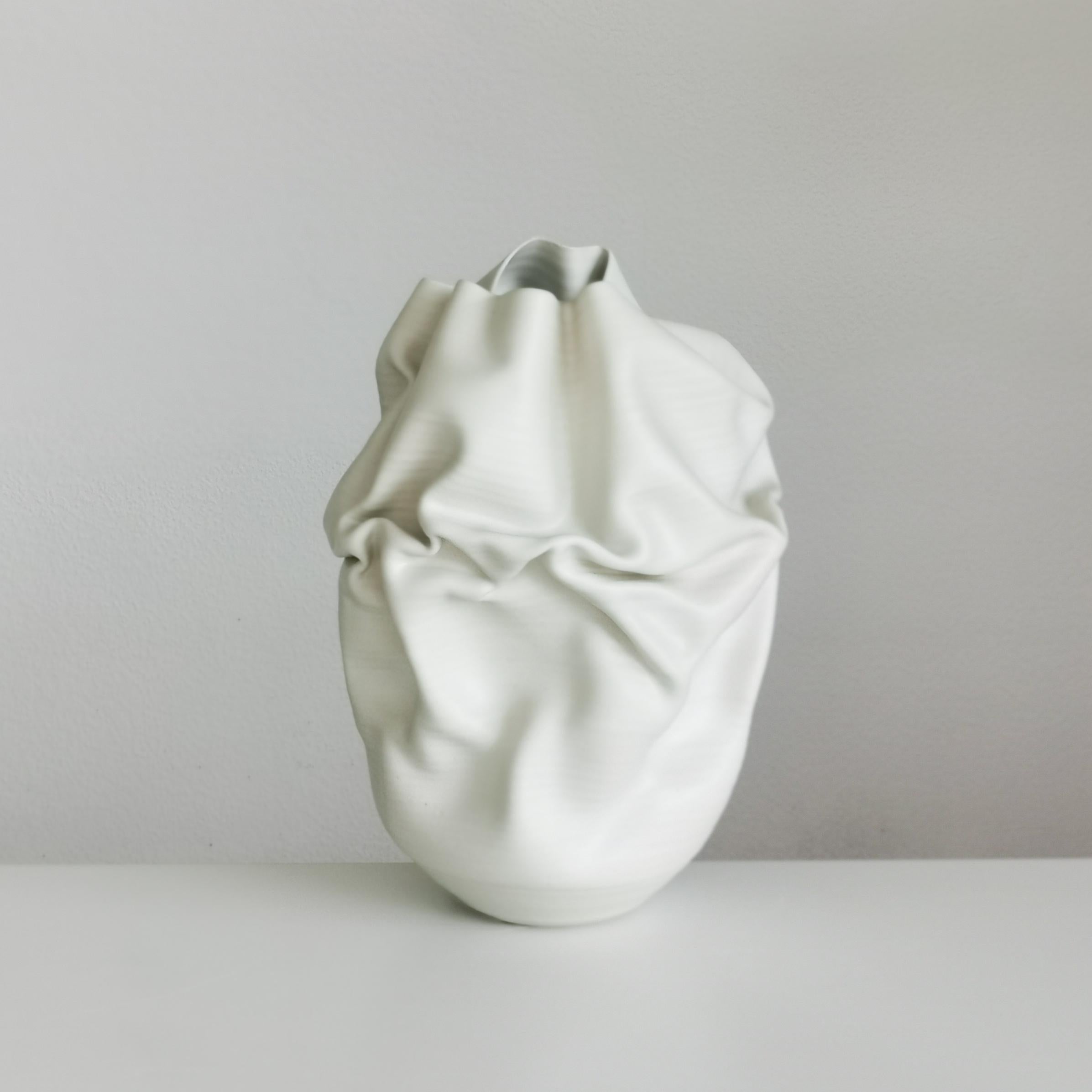 Medium Tall White Undulating Crumpled Form, Unique Ceramic Sculpture Vessel N.51 3
