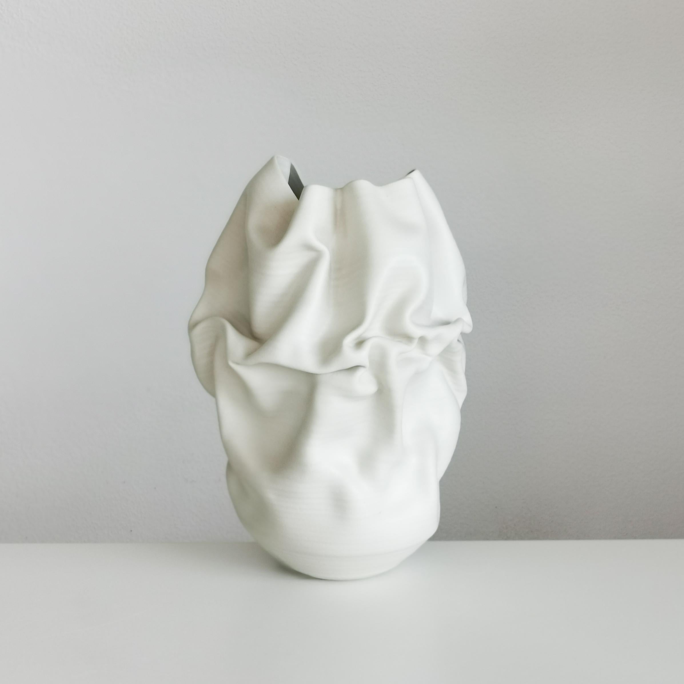 Organic Modern Medium Tall White Undulating Crumpled Form, Unique Ceramic Sculpture Vessel N.51
