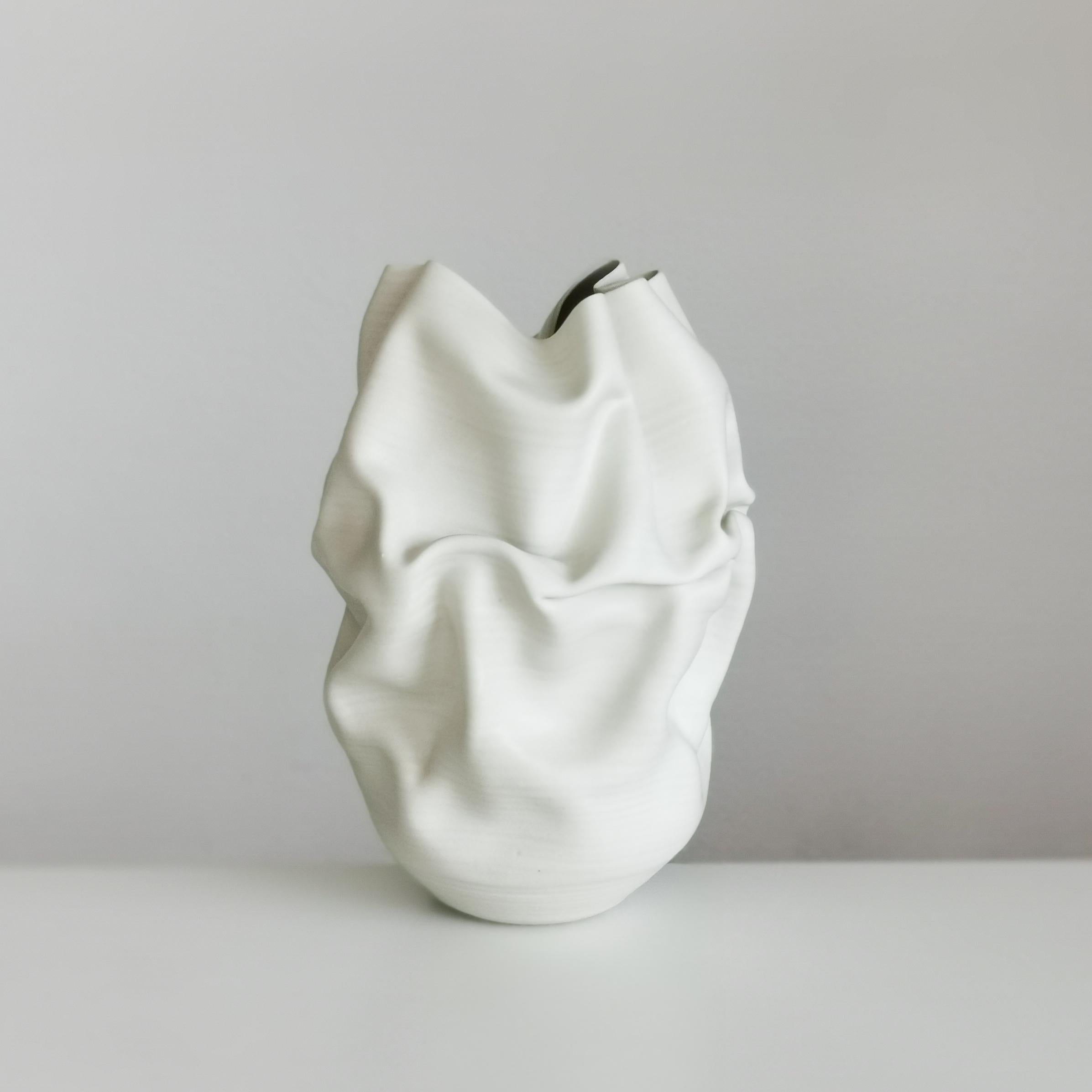 Spanish Medium Tall White Undulating Crumpled Form, Unique Ceramic Sculpture Vessel N.51