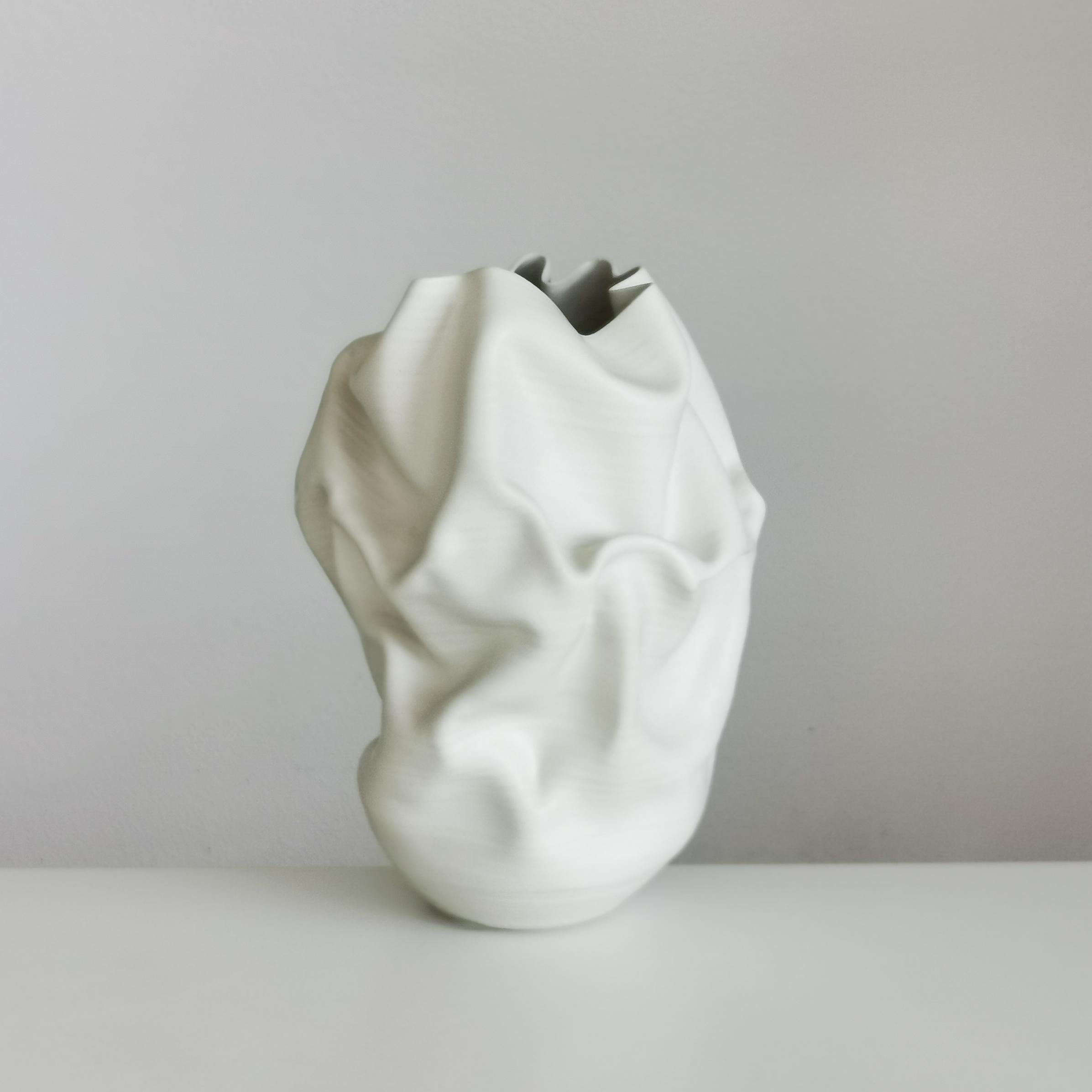 Other Medium Tall White Undulating Crumpled Form, Unique Ceramic Sculpture Vessel N.51