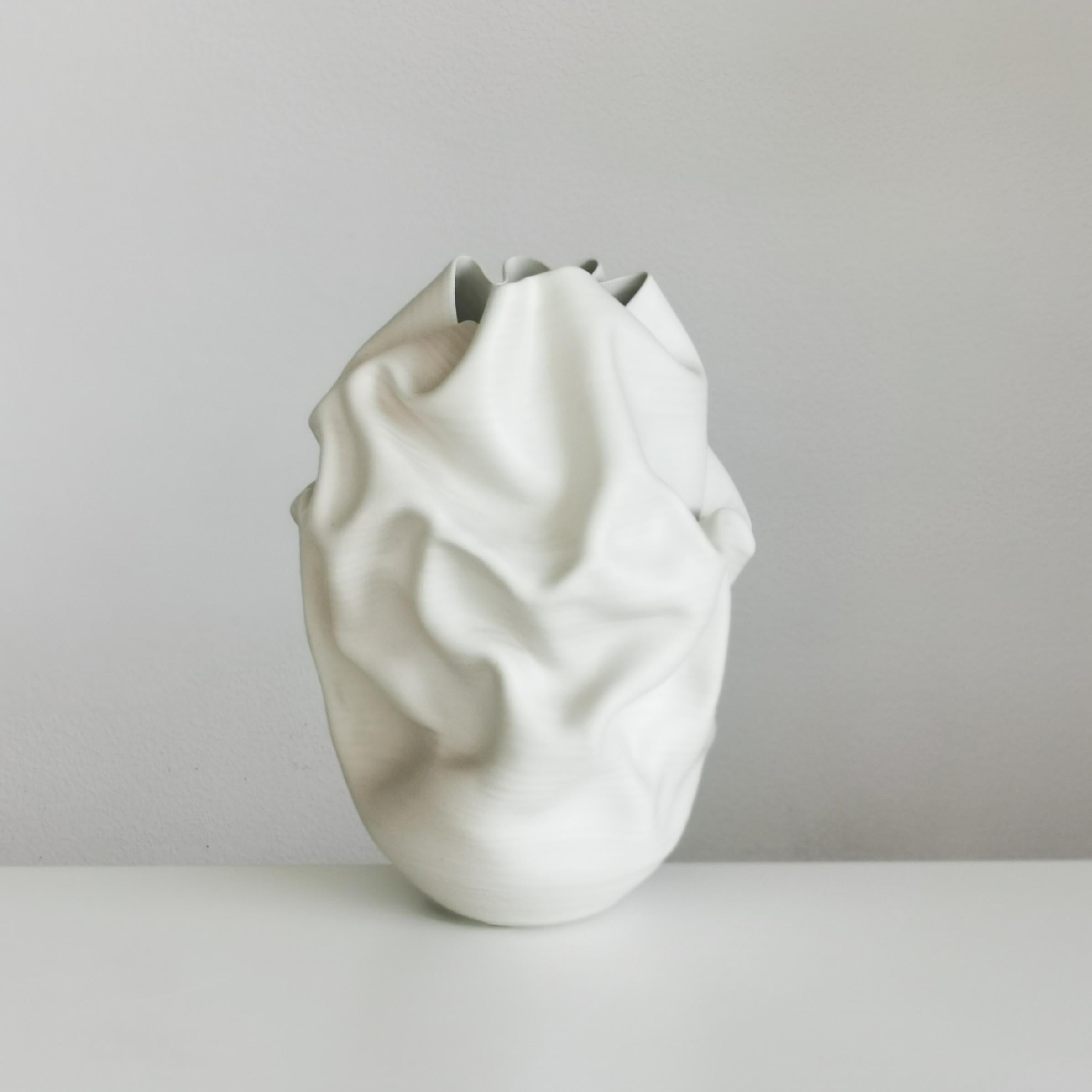 Medium Tall White Undulating Crumpled Form, Unique Ceramic Sculpture Vessel N.51 In New Condition In London, GB