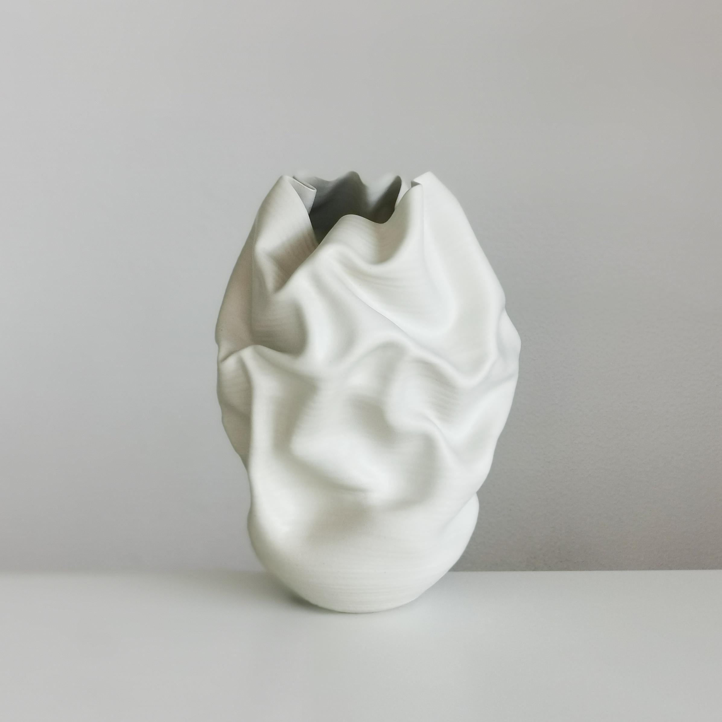 Contemporary Medium Tall White Undulating Crumpled Form, Unique Ceramic Sculpture Vessel N.51