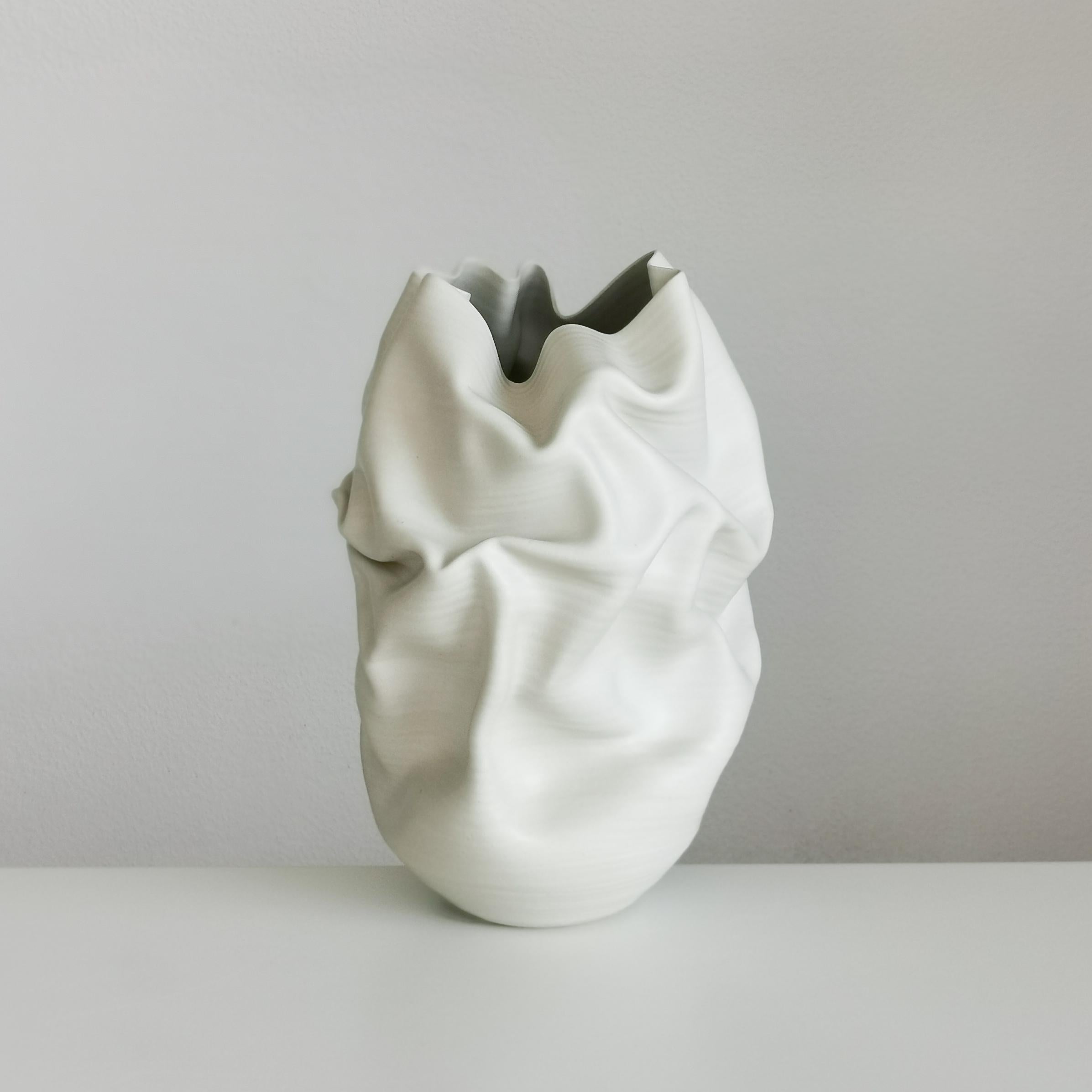 Clay Medium Tall White Undulating Crumpled Form, Unique Ceramic Sculpture Vessel N.51