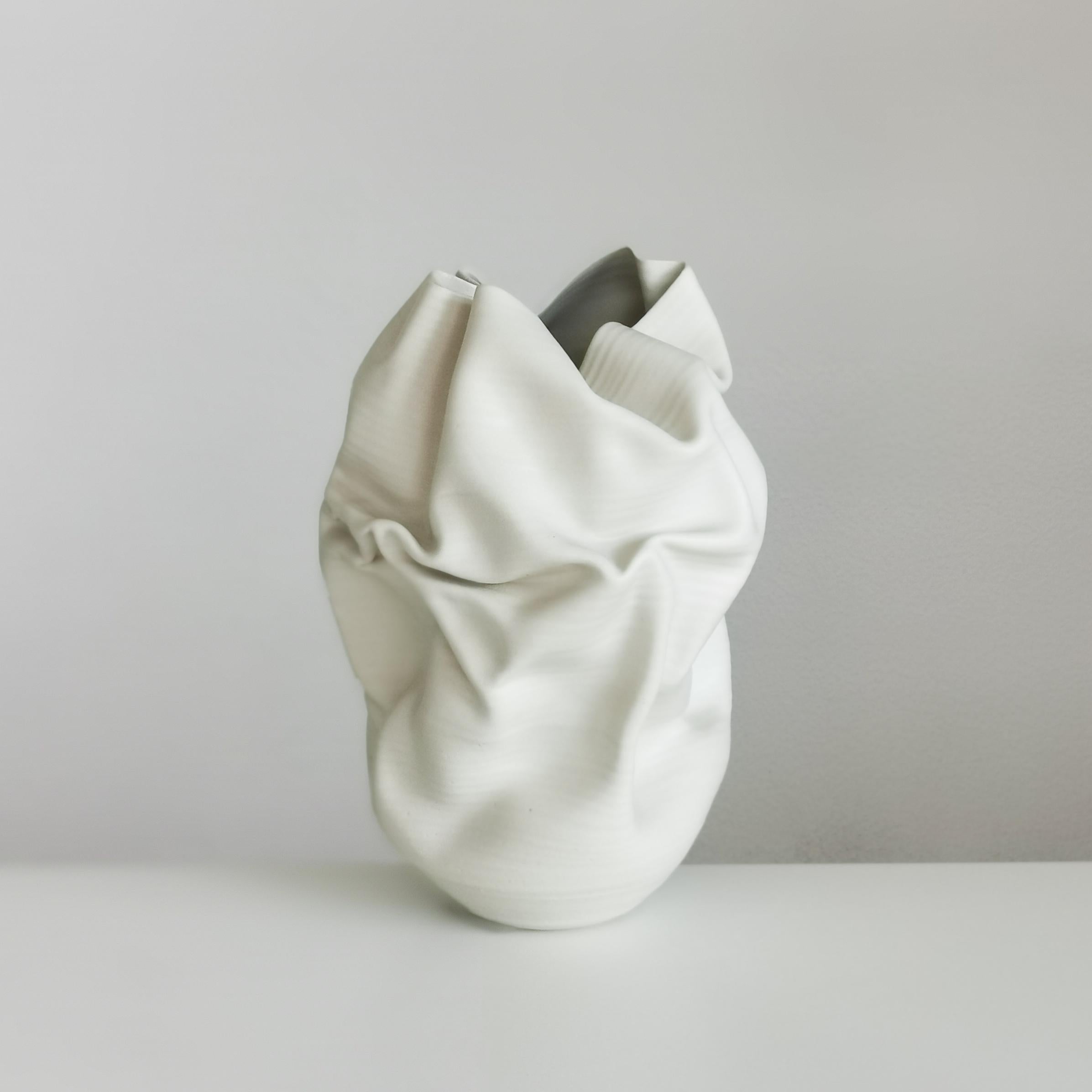 Medium Tall White Undulating Crumpled Form, Unique Ceramic Sculpture Vessel N.51 1
