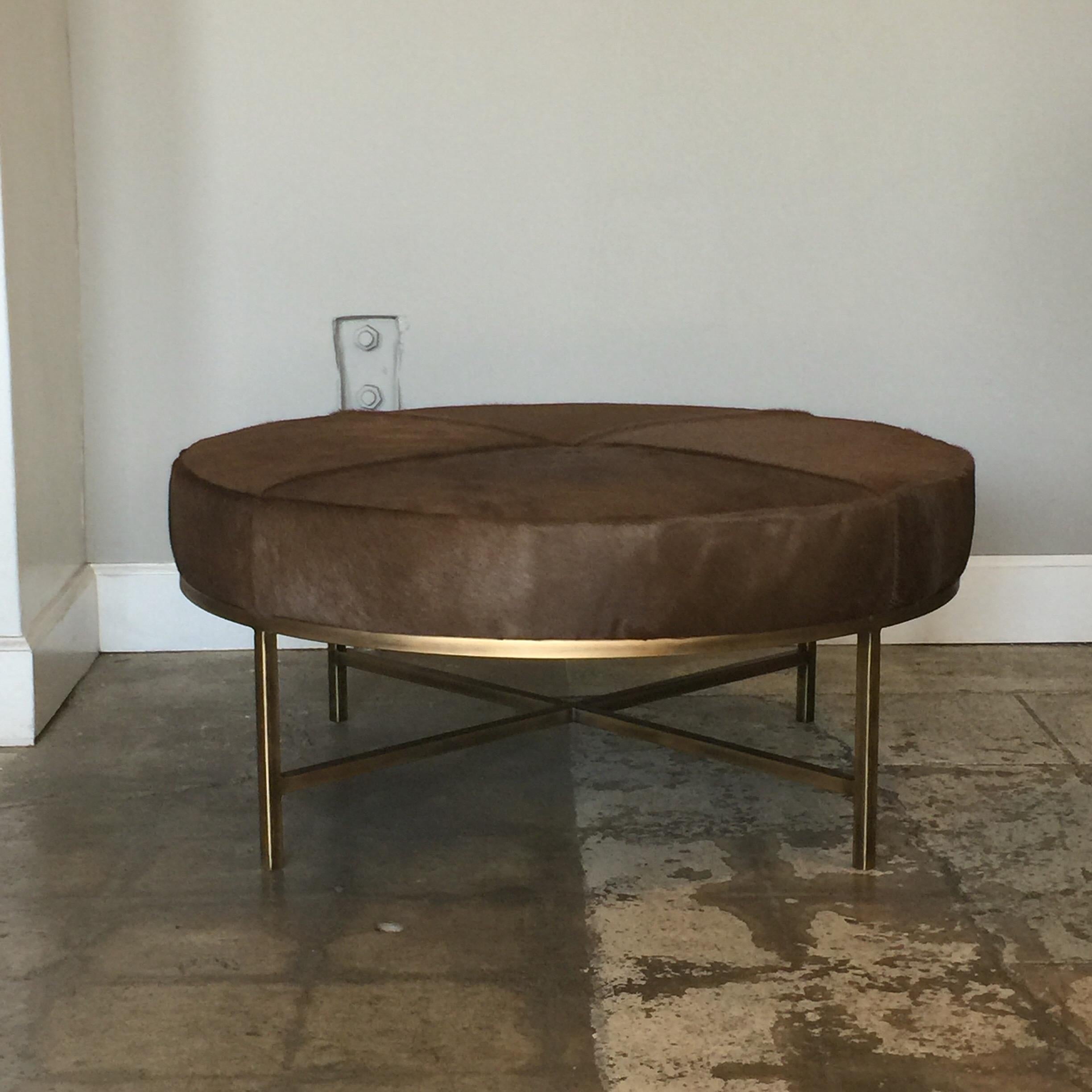 Modern Medium 'Tambour' Antiqued Brass and Hide Ottoman by Design Frères For Sale