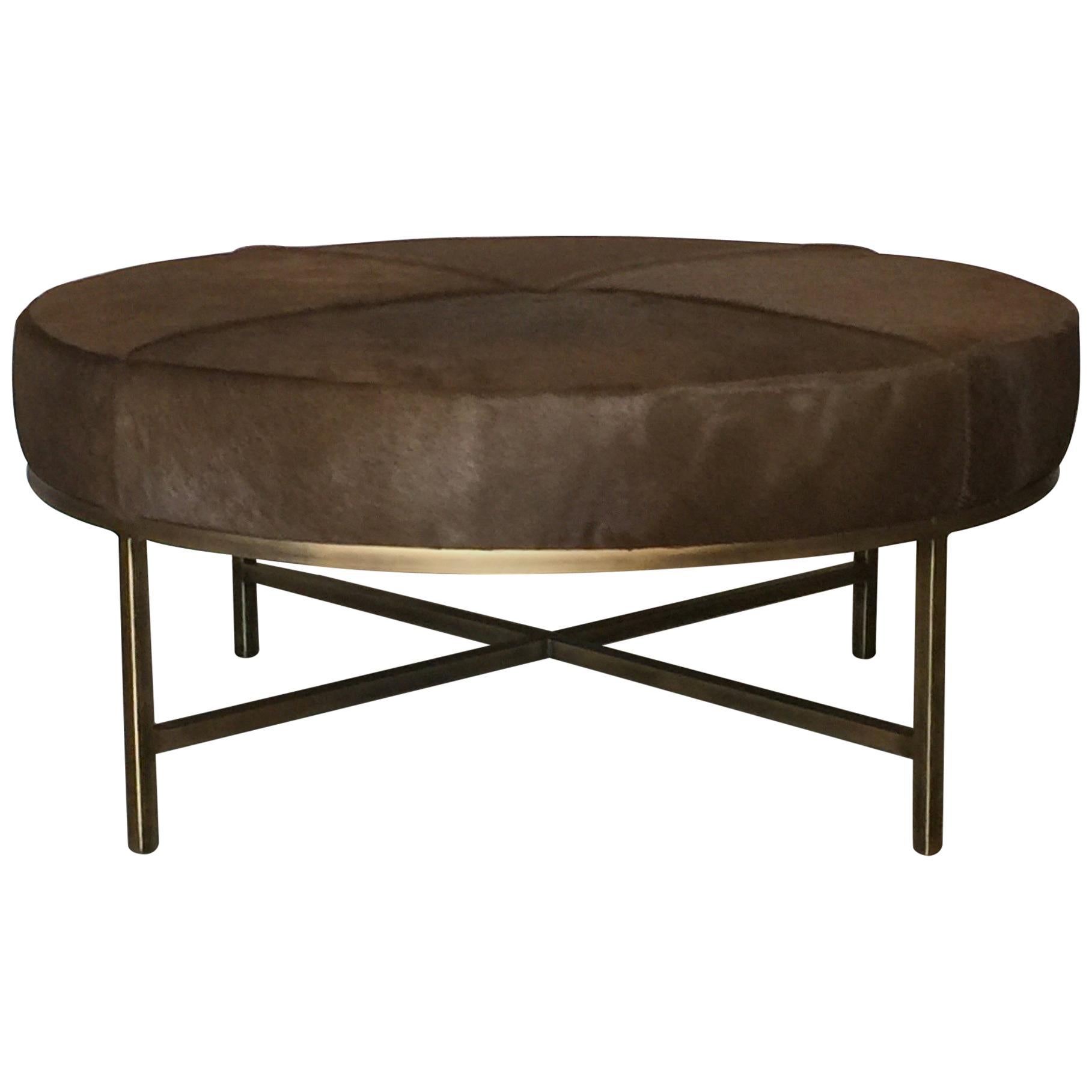 Medium 'Tambour' Antiqued Brass and Hide Ottoman by Design Frères For Sale