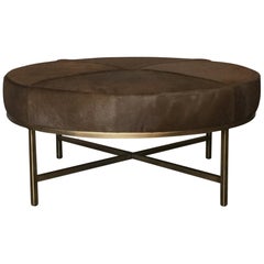 Medium 'Tambour' Antiqued Brass and Hide Ottoman by Design Frères