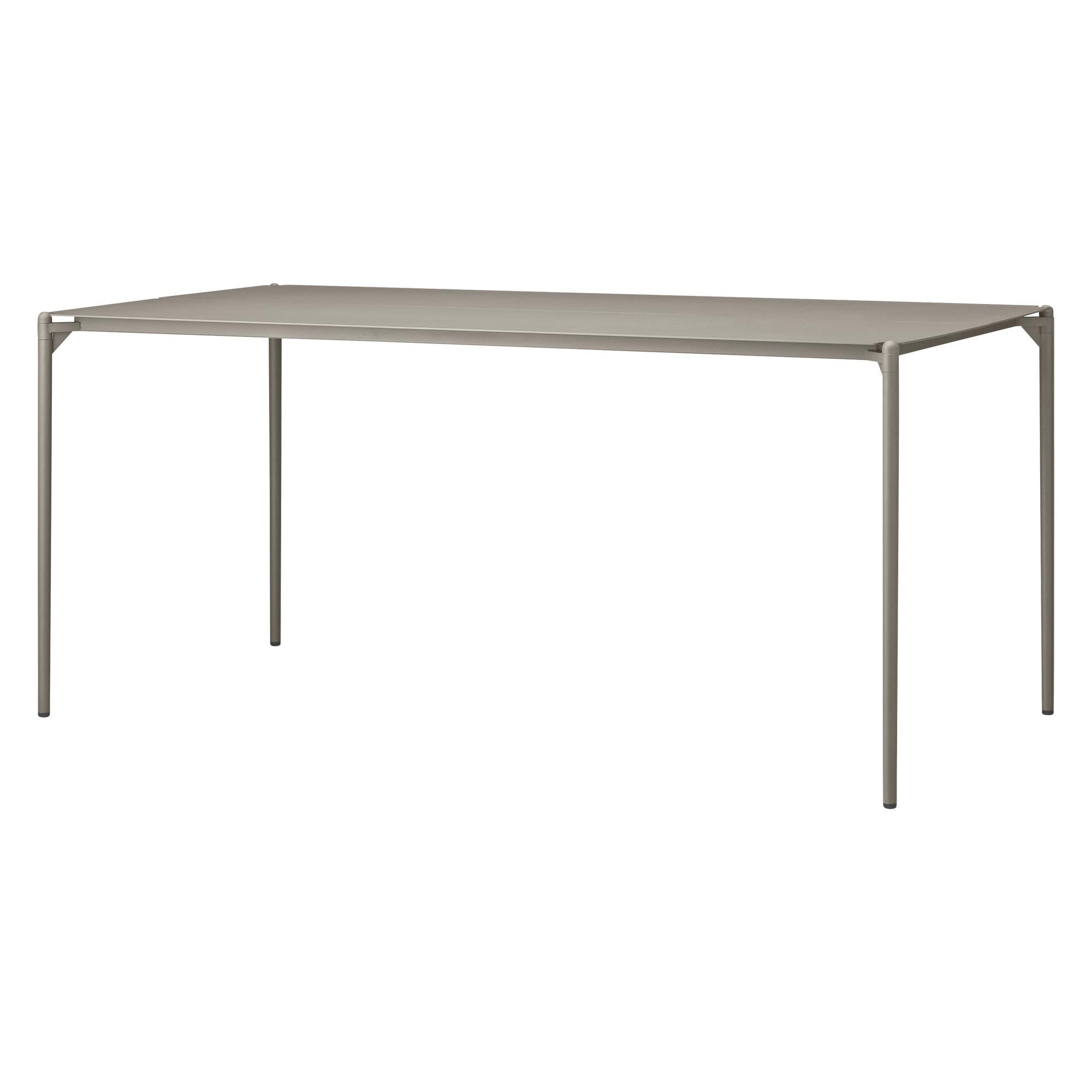 Medium Taupe Minimalist table
Dimensions: D 160 x W 80 x H 72 cm 
Materials: Steel w. matte powder coating & aluminum w. matte powder coating.
Available in colors: Taupe, Bordeaux, forest, ginger bread, black and, black and gold. 


Bring