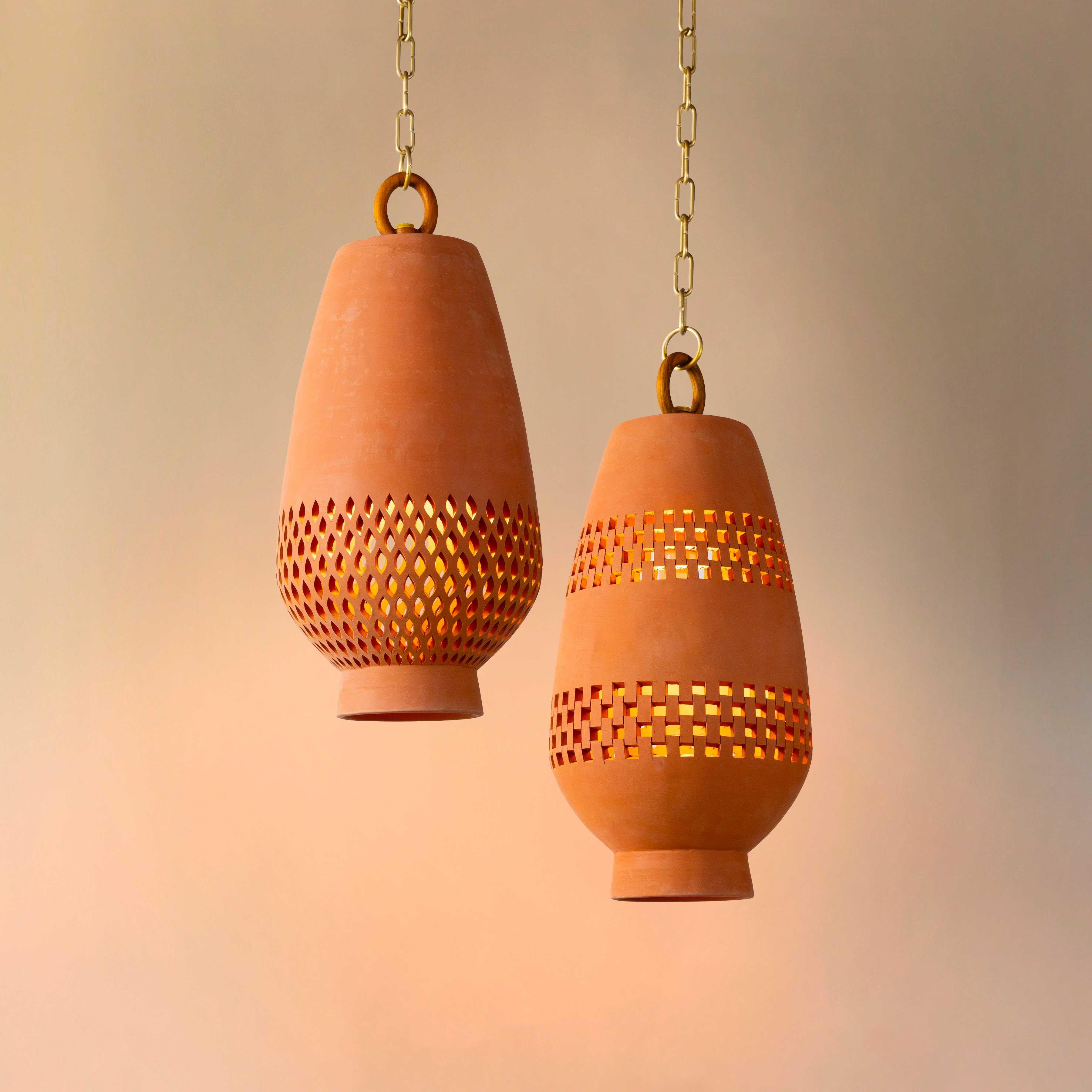 Mid-Century Modern Medium Terracotta Ceramic Pendant Light, Brushed Brass, Ajedrez Atzompa For Sale
