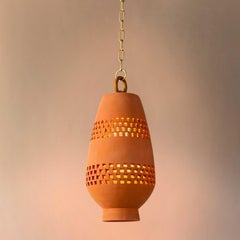 Lámpara Colgante Cerámica Terracota Mediana, Latón Natural, Ajedrez Atzompa