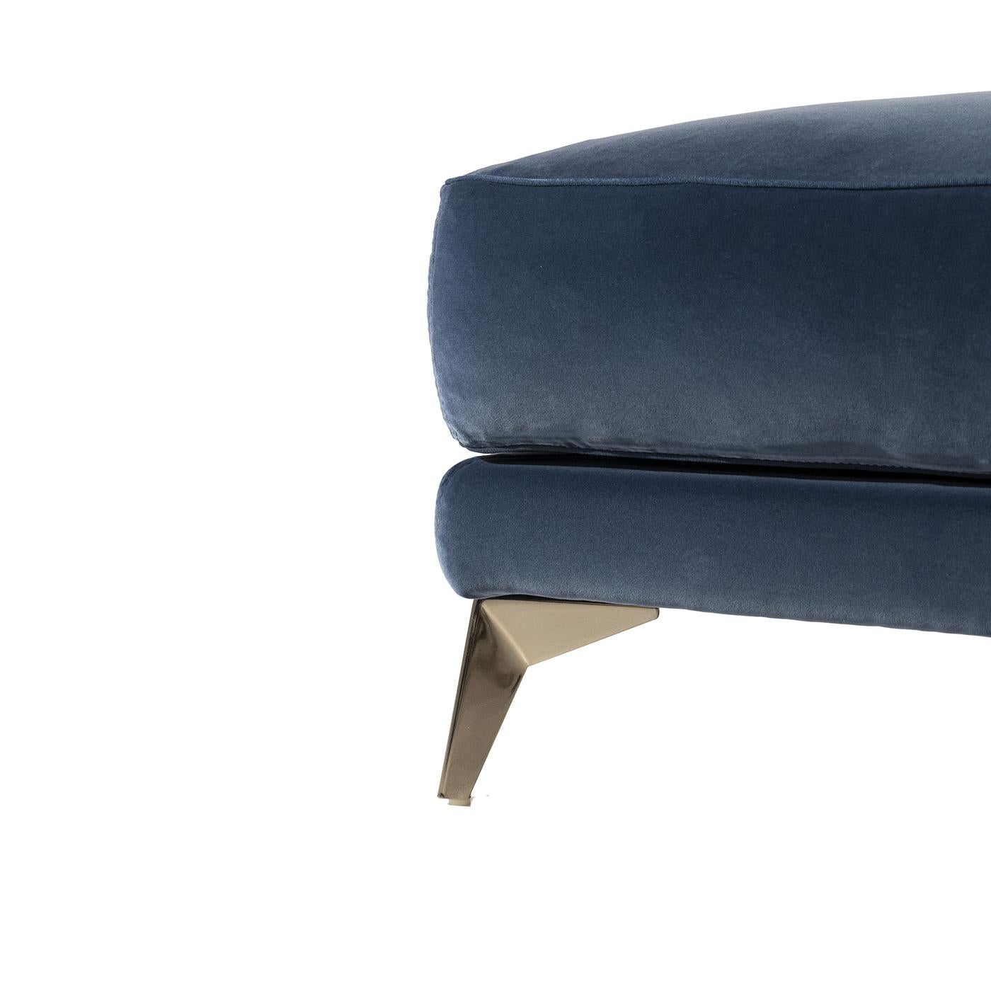 Pair this classy, deep blue velvet square pouf up with other pieces from the contemporary Cosmopolitan collection. With an upholstered top cushion and lower section and four graphite-colored metal legs for support, this pouf is the perfect piece for