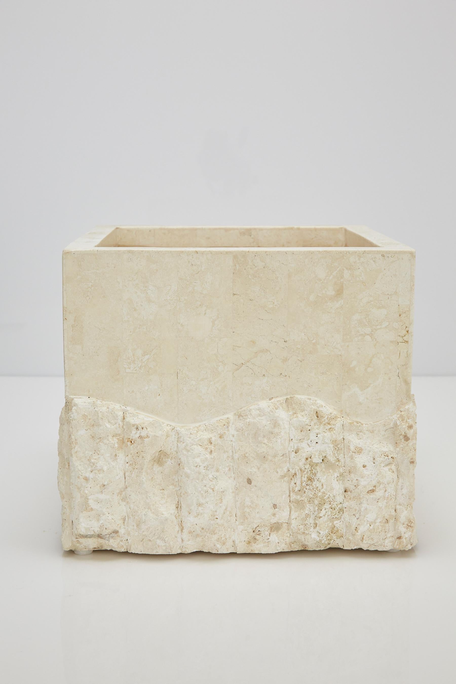 Post-Modern Medium Tessellated White Stone Square Rough and Smooth Planter, 1990s For Sale
