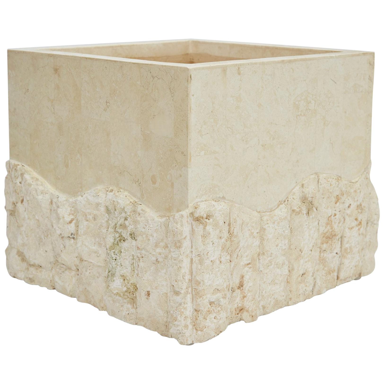 Medium Tessellated White Stone Square Rough and Smooth Planter, 1990s For Sale