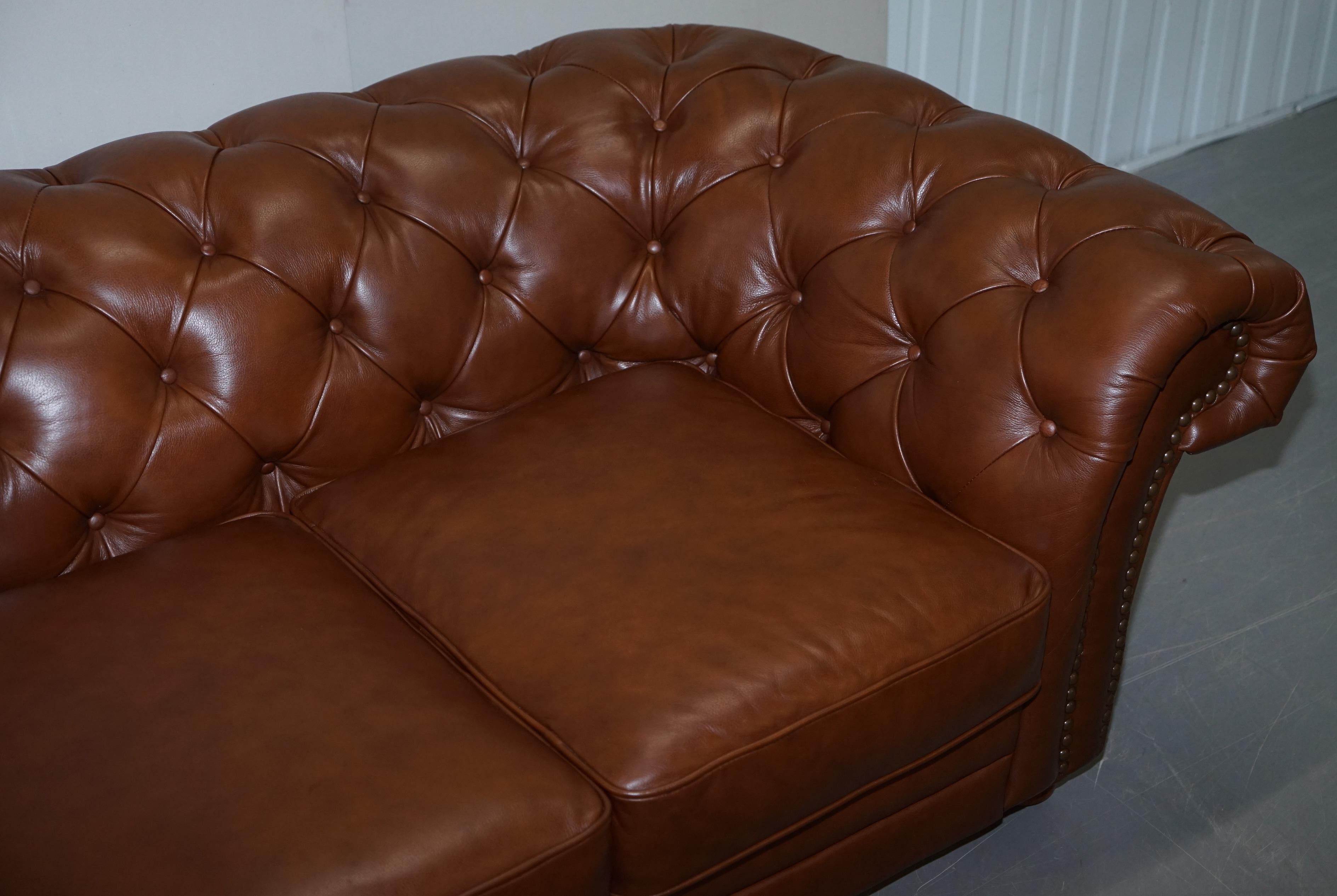 English Medium Tetrad Made in England Brown Leather Chesterfield Sofa Part of Full Suite
