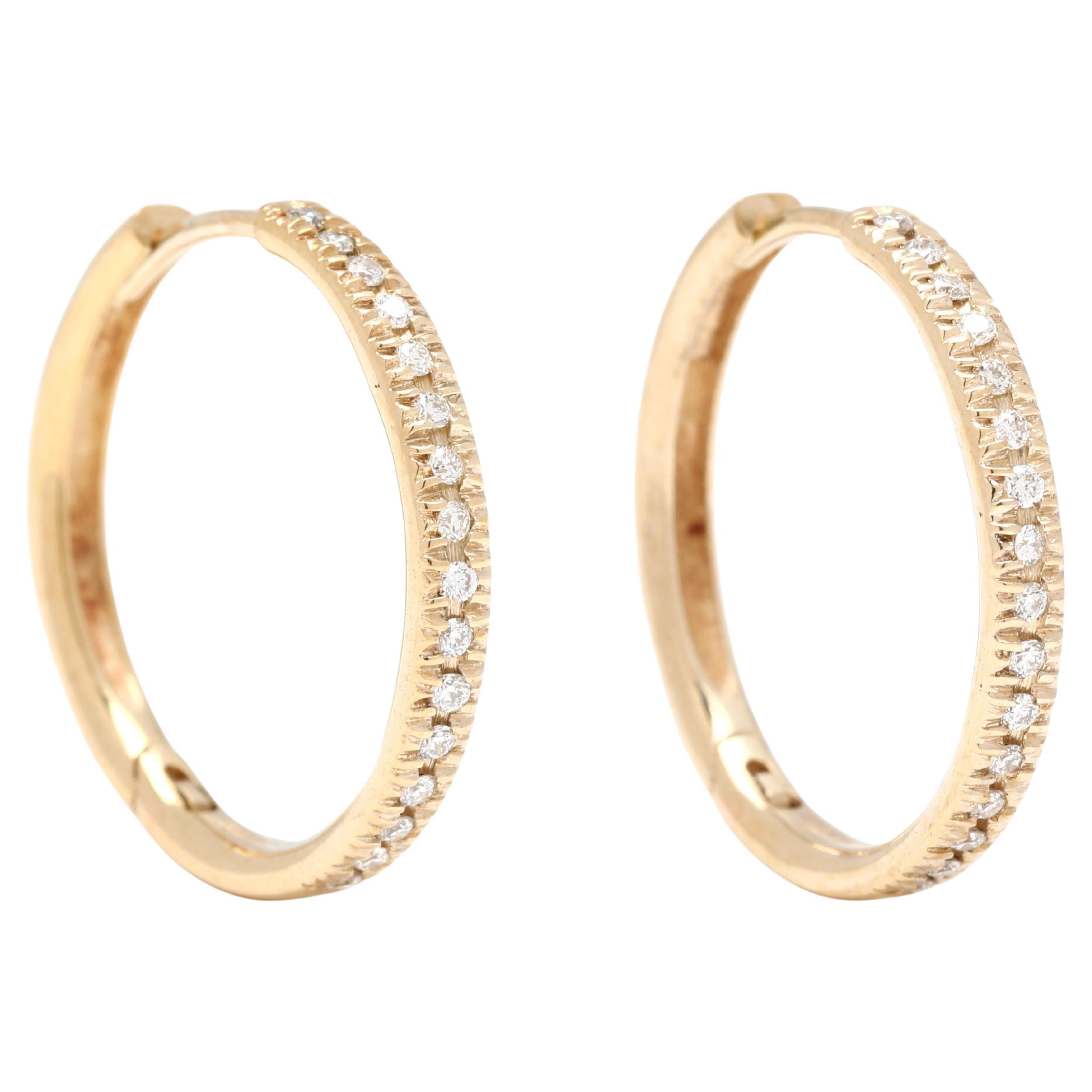 Medium Thin 0.15ctw Diamond Hoops, 14k Yellow Gold, Length .75 Inches