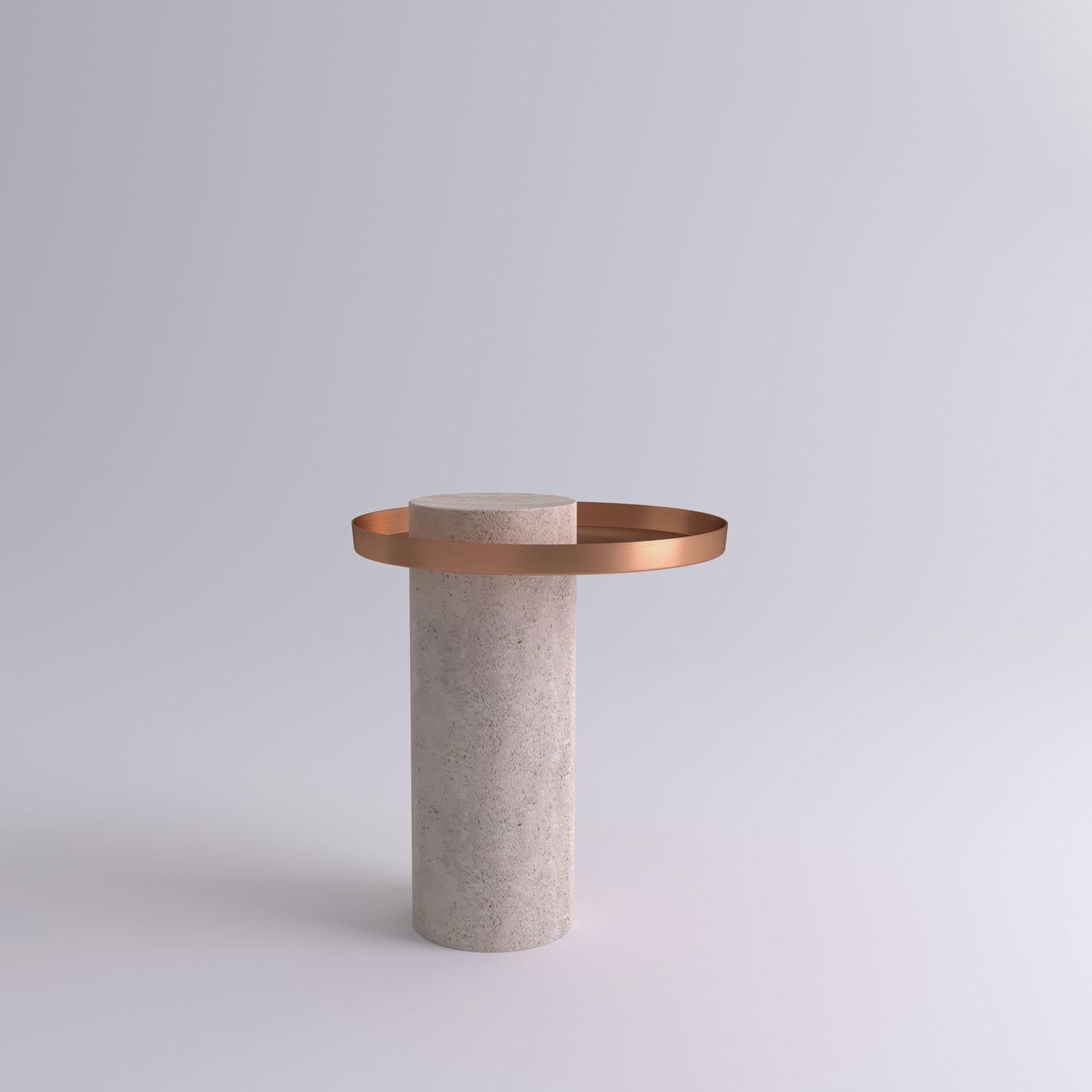 Medium travertine contemporary guéridon, Sebastian Herkner
Dimensions: D 40 x H 46 cm
Materials: Travertine stone, copper

The salute table exists in 3 sizes, 4 different marble stones for the column and 5 different finishes for the tray for a