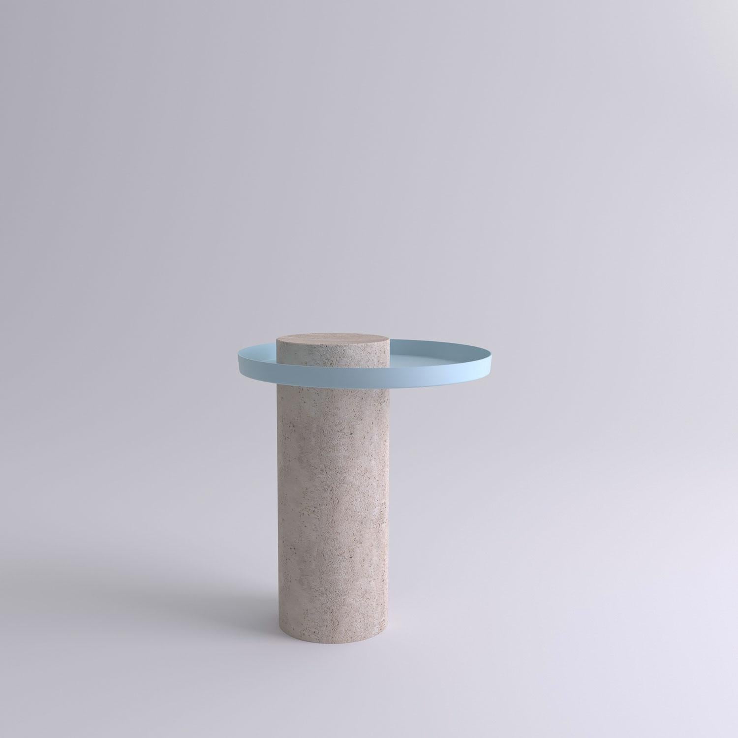 Medium travertine contemporary guéridon, Sebastian Herkner
Dimensions: D 40 x H 46 cm
Materials: Travertine stone, light blue metal tray

The salute table exists in 3 sizes, 4 different marble stones for the column and 5 different finishes for