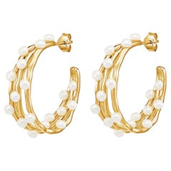 Medium Triple Row Waterfall Pearl Hoops In Gold 