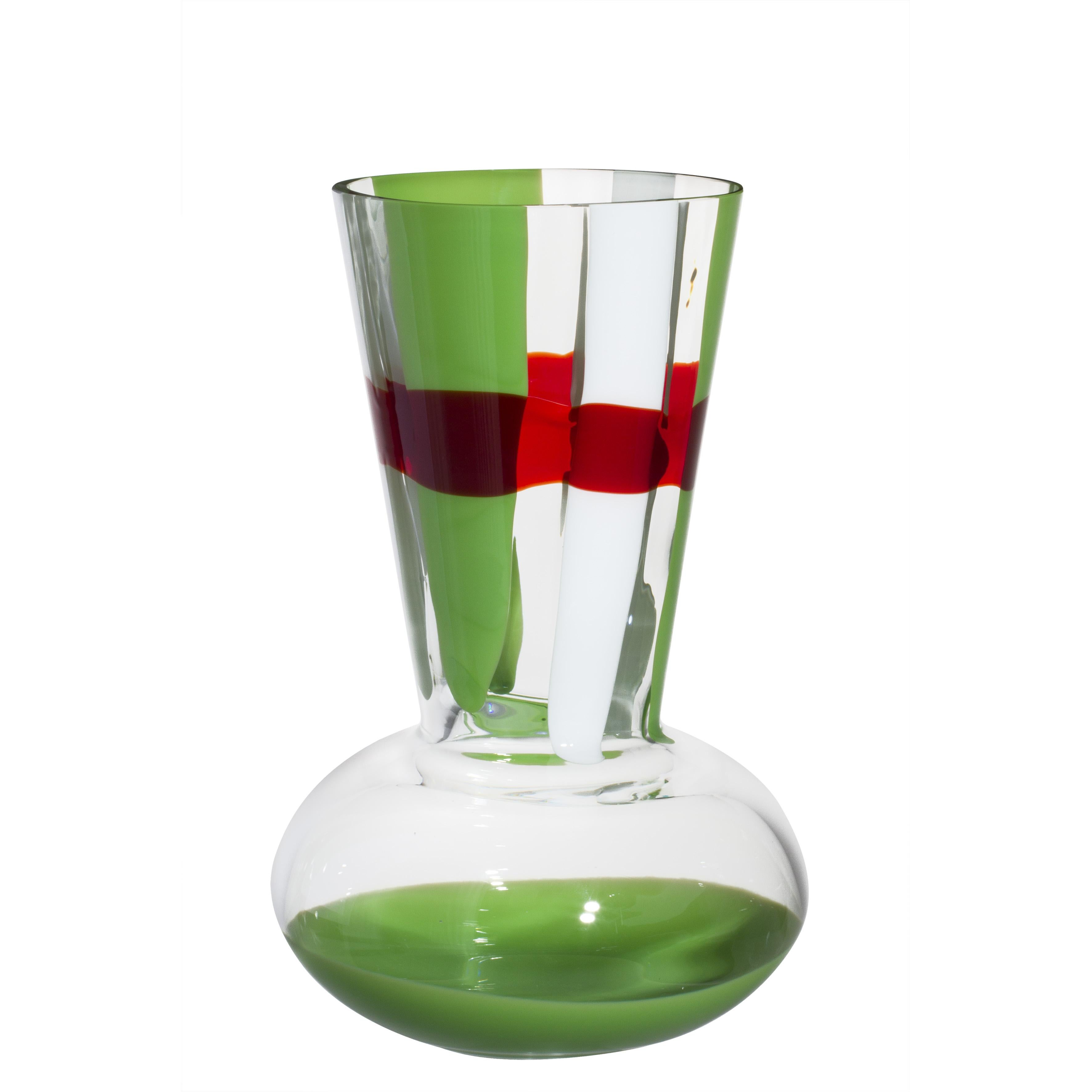 Medium Troncosfera Vase in Red, Green, and White by Carlo Moretti