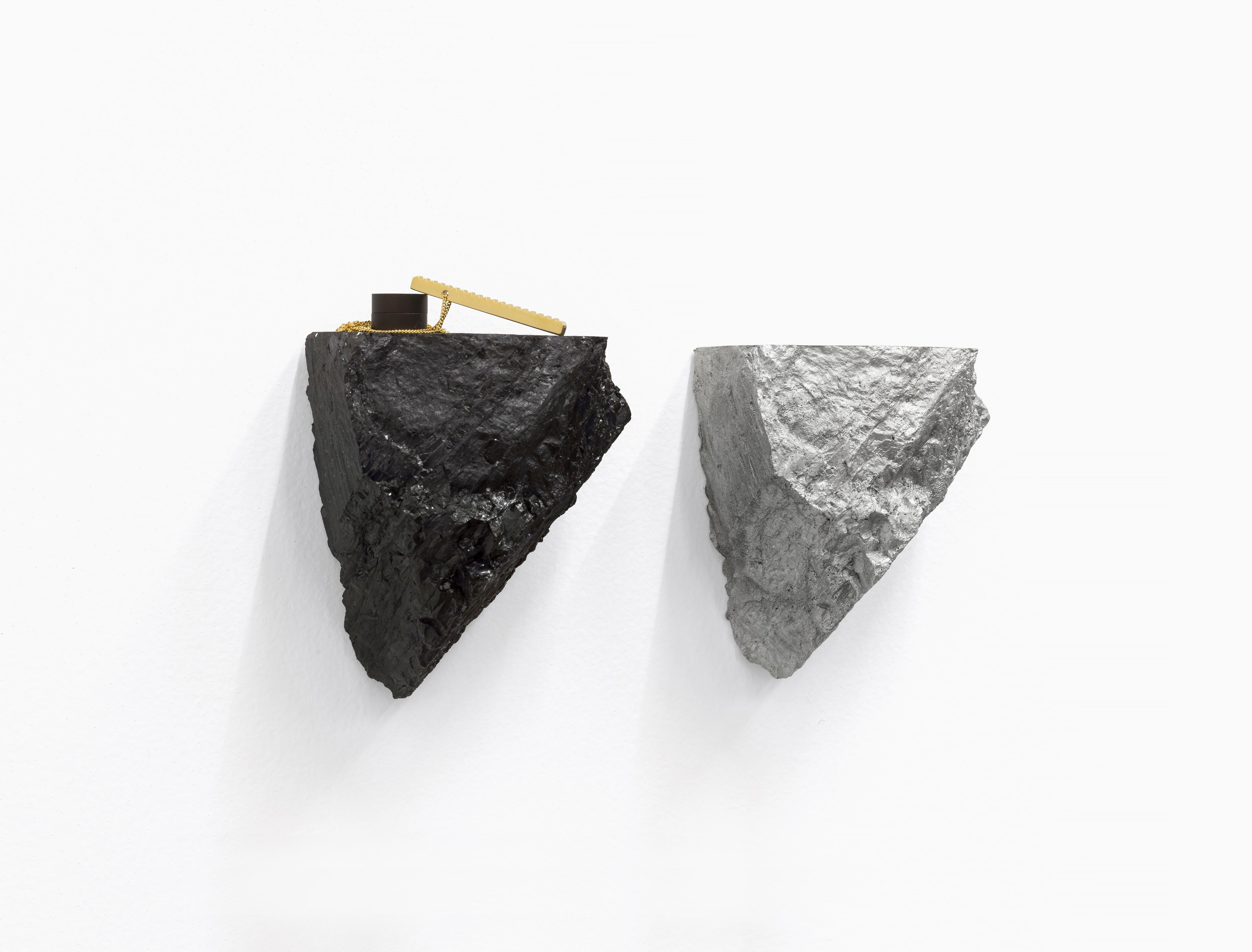 A series of one-off displays sculpted from anthracite and casted in Aluminum.
This collection explores a desire to imitate nature by presenting a series of small dual displays. Sculpted from anthracite and subsequently casted in aluminum, each twin