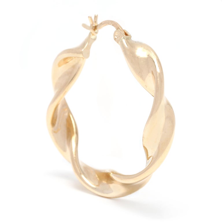 Medium Twist Gold Hoop Earrings, 14K Yellow Gold, Simple Gold For Sale