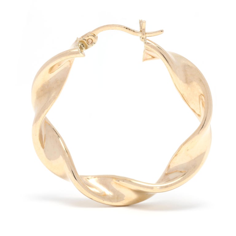 Medium Twist Gold Hoop Earrings, 14K Yellow Gold, Simple Gold For Sale