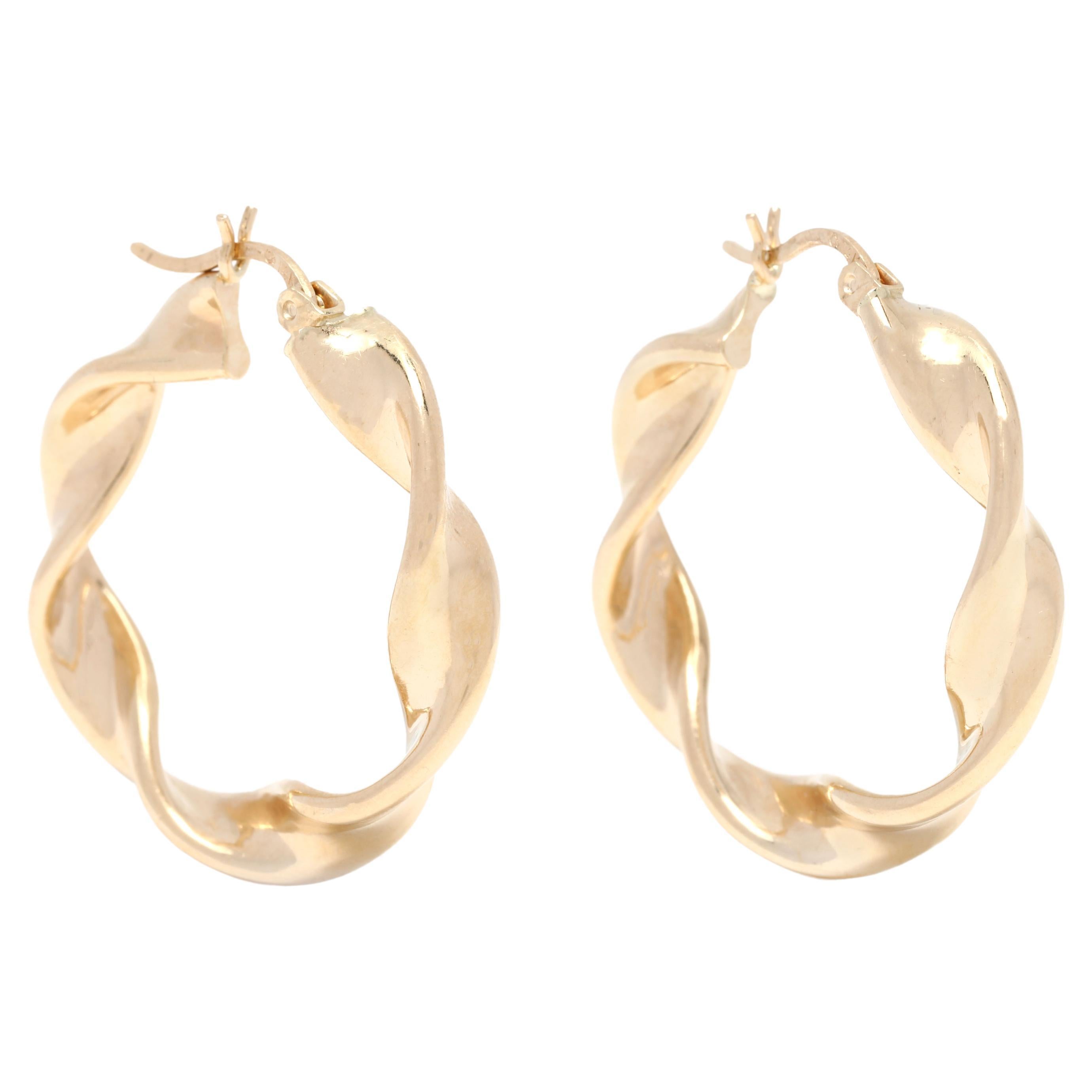 Medium Gold Twist Hoop Earrings, 14K Yellow Gold, Simple Twist For Sale