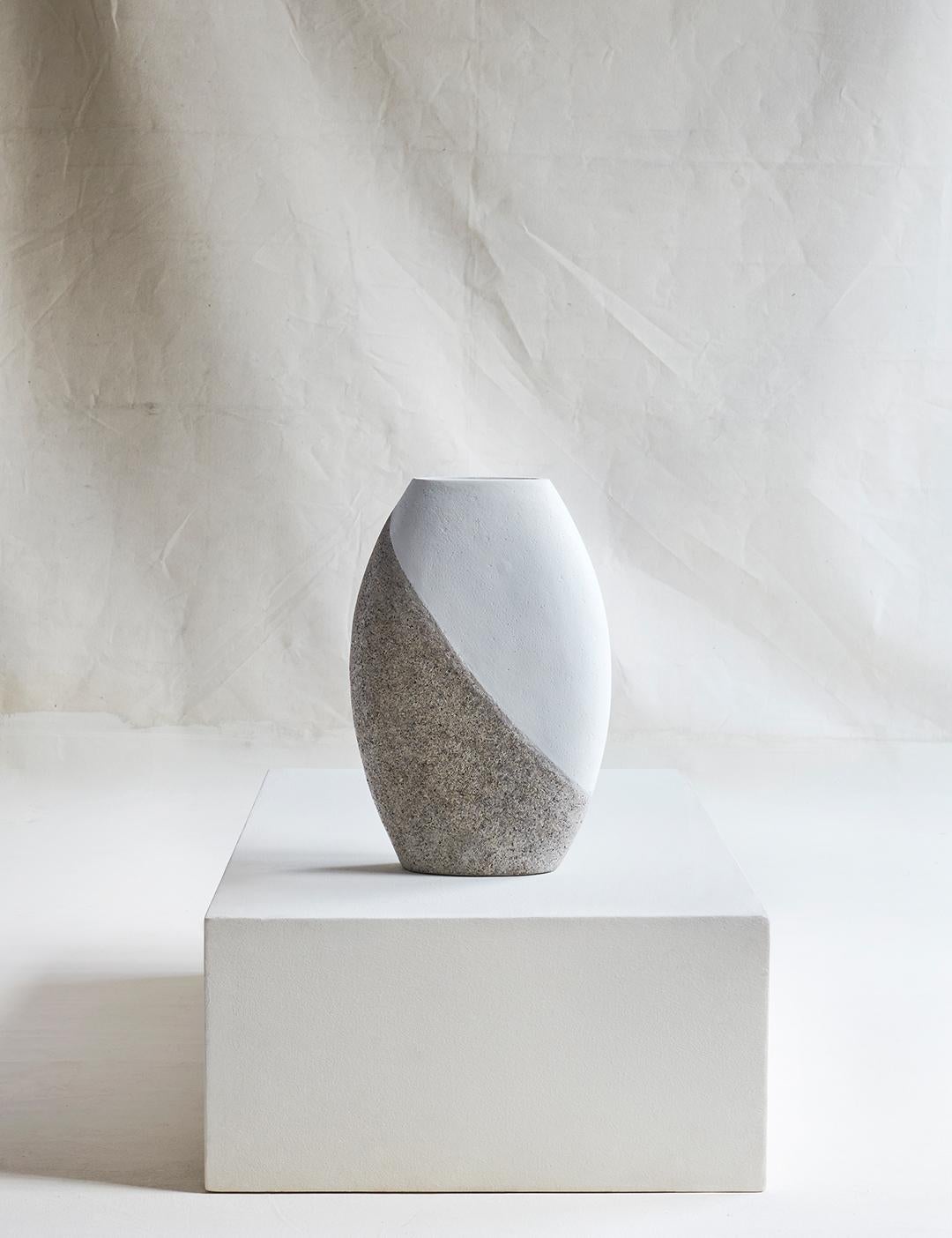 Cast Medium Brown & White Limestone & Wood Vessel by Studio Laurence For Sale