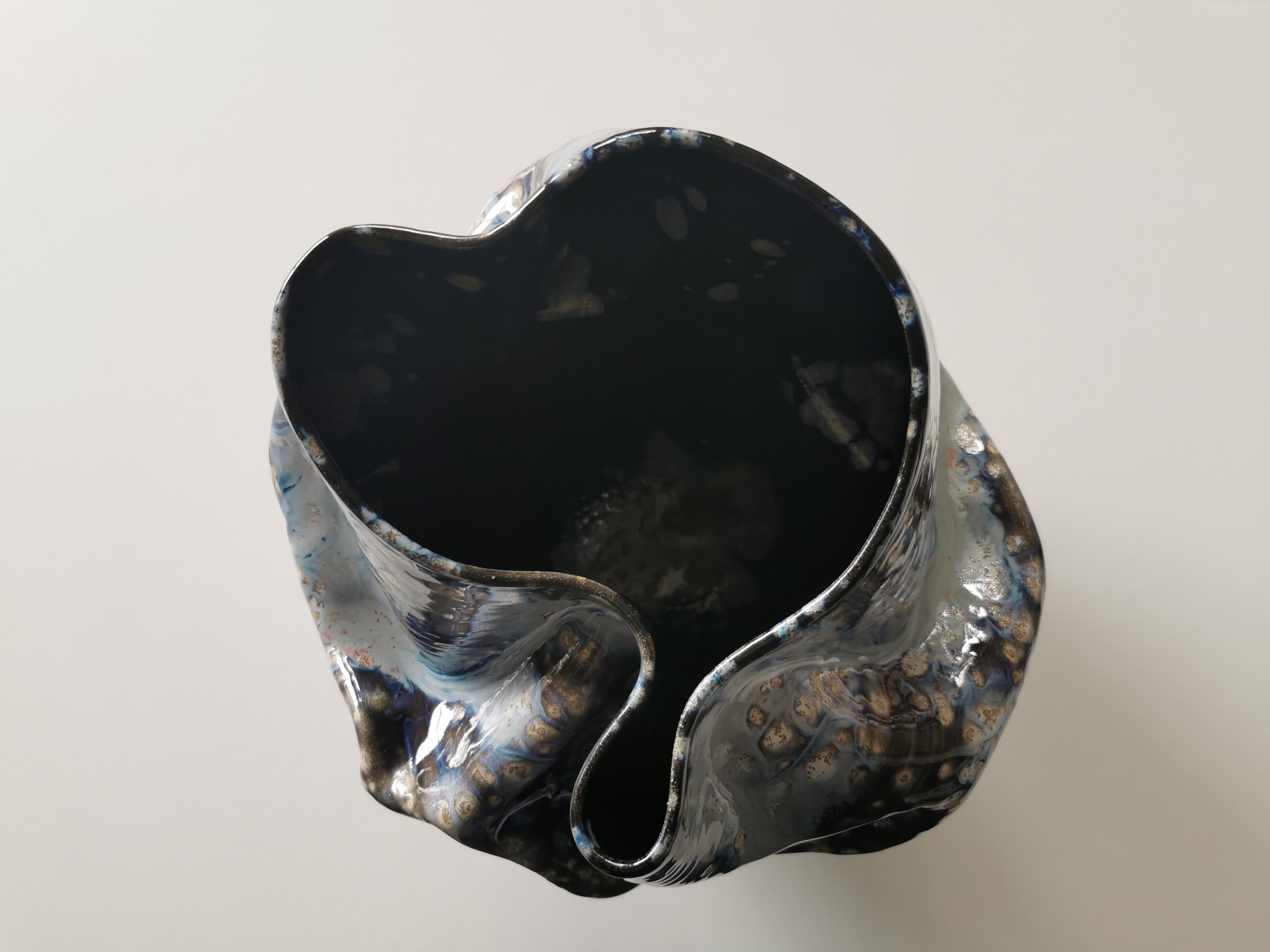 Medium Undulating Form Galaxy Blue Glaze, Unique Ceramic Sculpture Vessel N.78 2