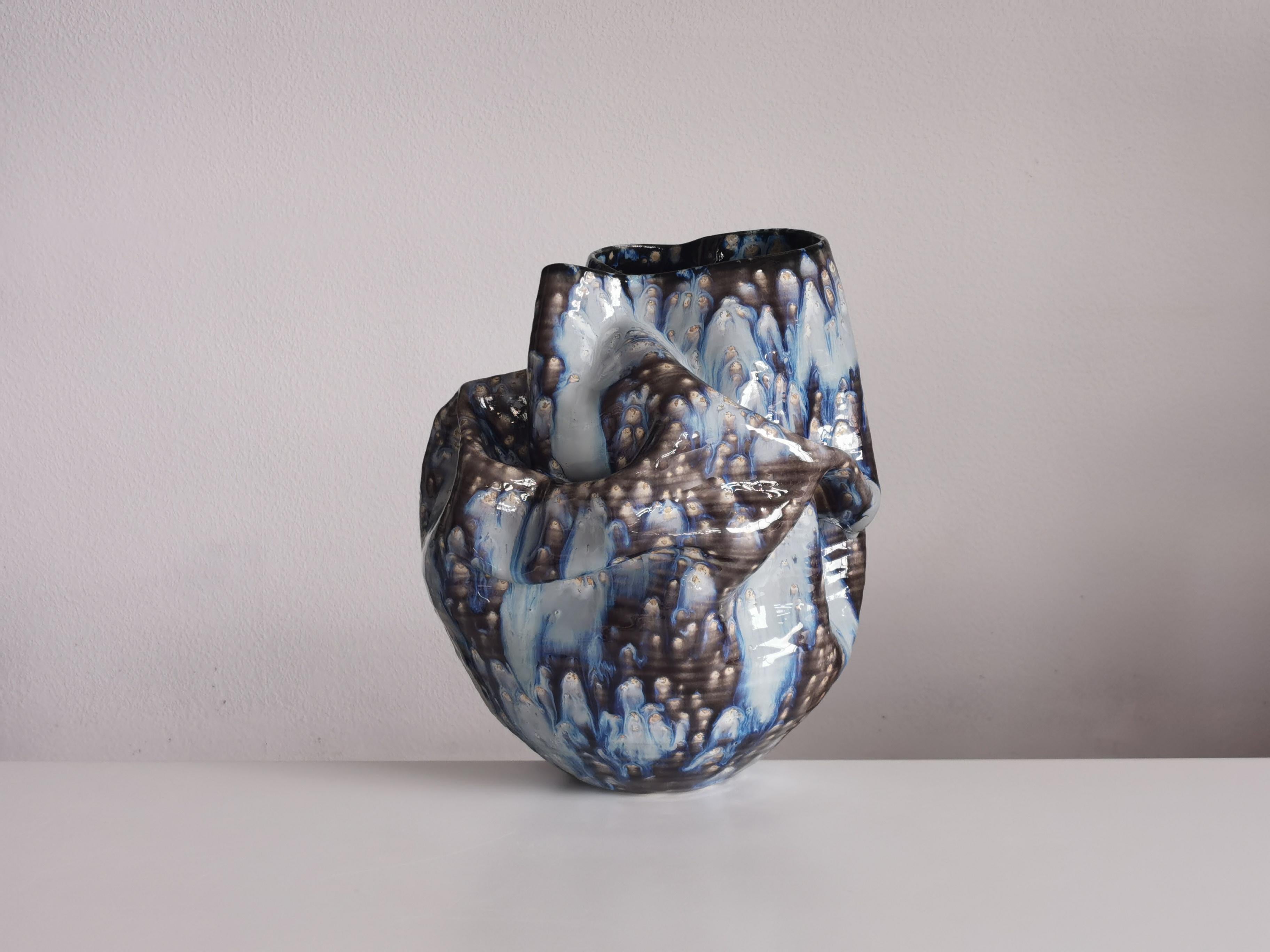 Organic Modern Medium Undulating Form Galaxy Blue Glaze, Unique Ceramic Sculpture Vessel N.78