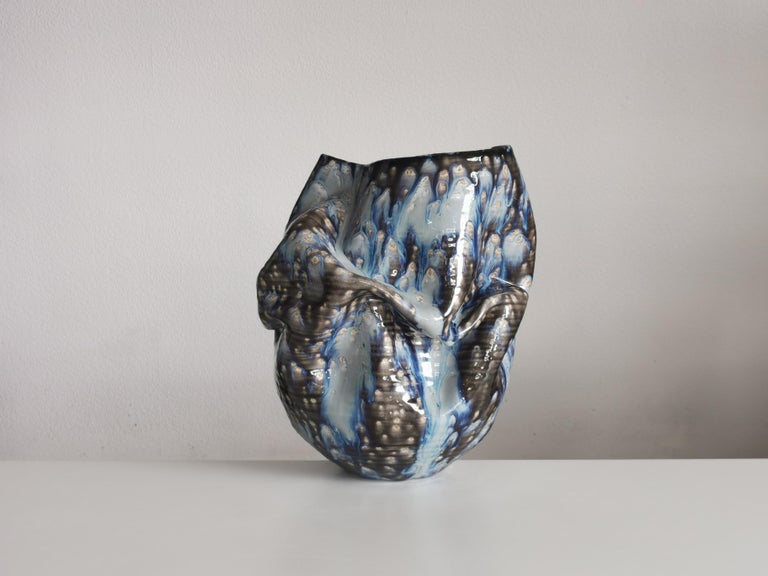 Spanish Medium Undulating Form Galaxy Blue Glaze, Unique Ceramic Sculpture Vessel N.78 For Sale