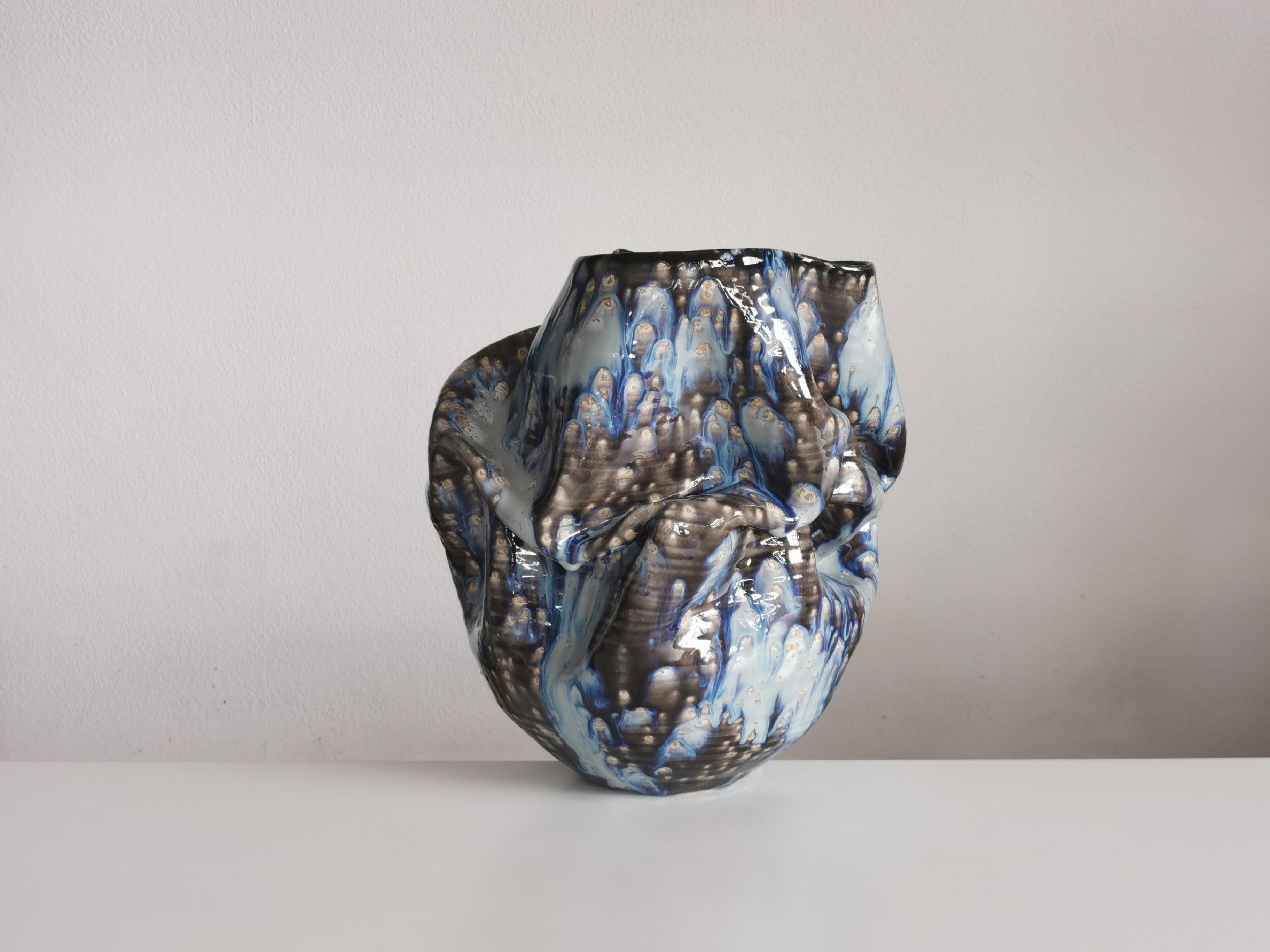 Other Medium Undulating Form Galaxy Blue Glaze, Unique Ceramic Sculpture Vessel N.78