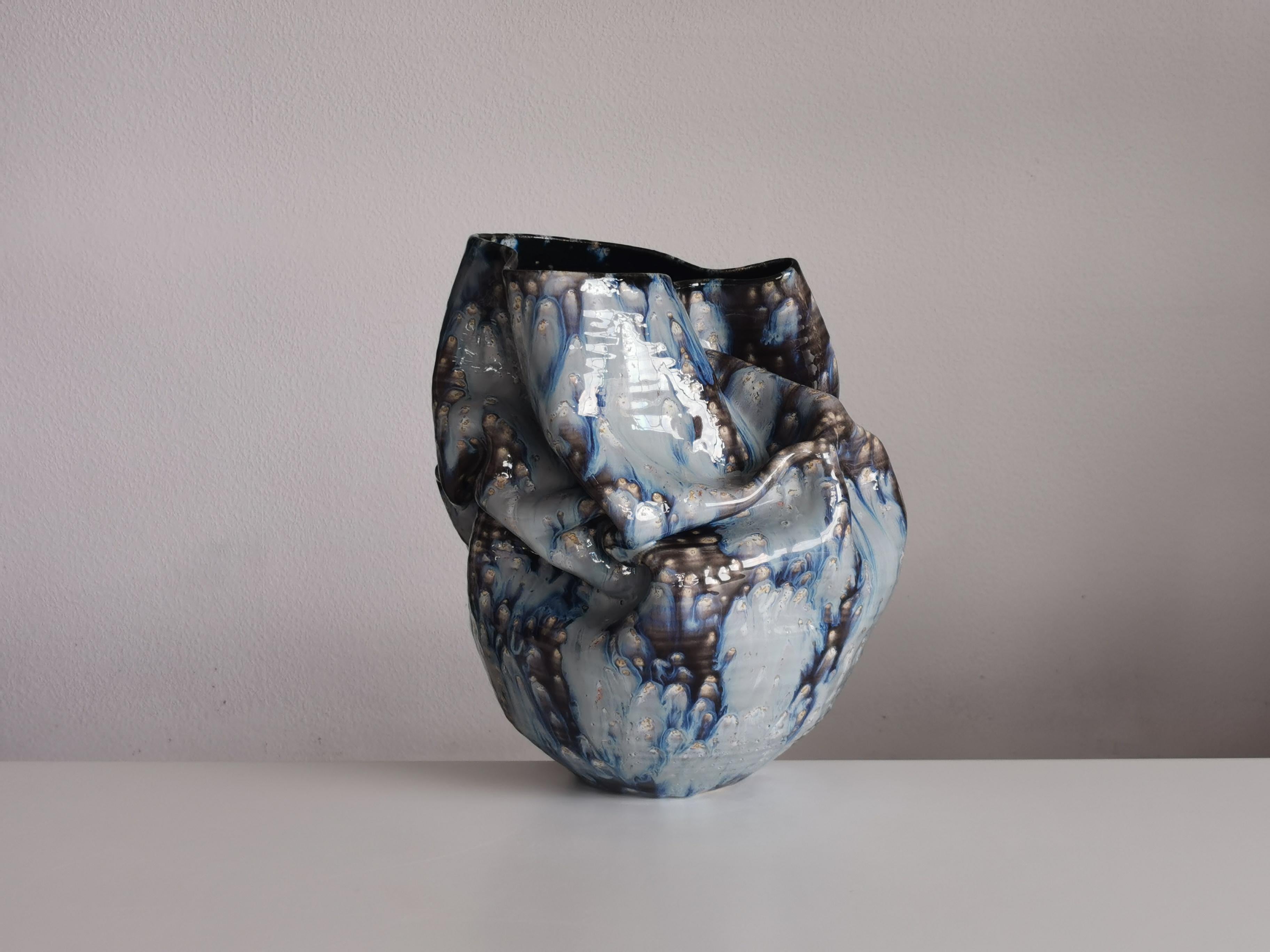 Contemporary Medium Undulating Form Galaxy Blue Glaze, Unique Ceramic Sculpture Vessel N.78