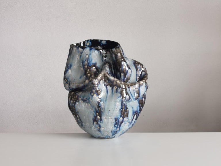 Medium Undulating Form Galaxy Blue Glaze, Unique Ceramic Sculpture Vessel N.78 For Sale 1