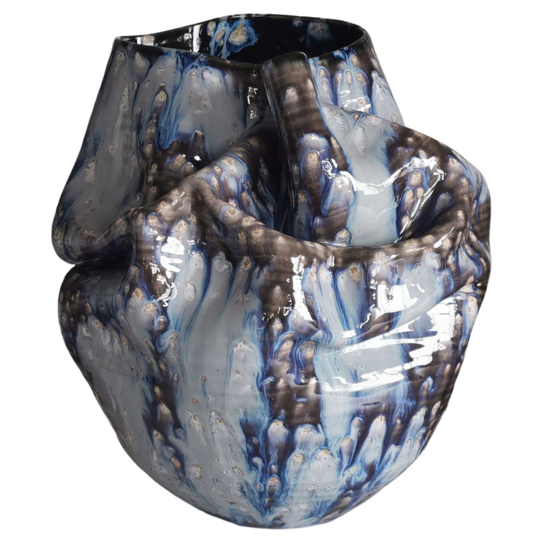 Medium Undulating Form Galaxy Blue Glaze, Unique Ceramic Sculpture Vessel N.78