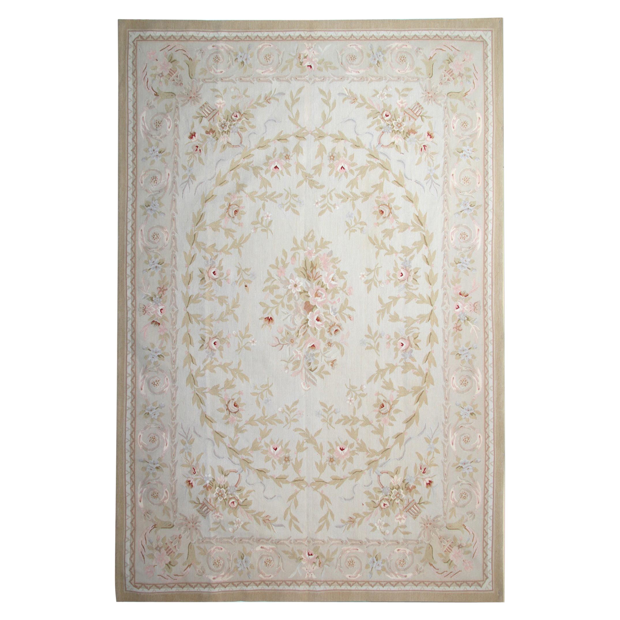 Medium Vintage Aubusson Style Area Rug Traditional Flat-Weave Rug For Sale