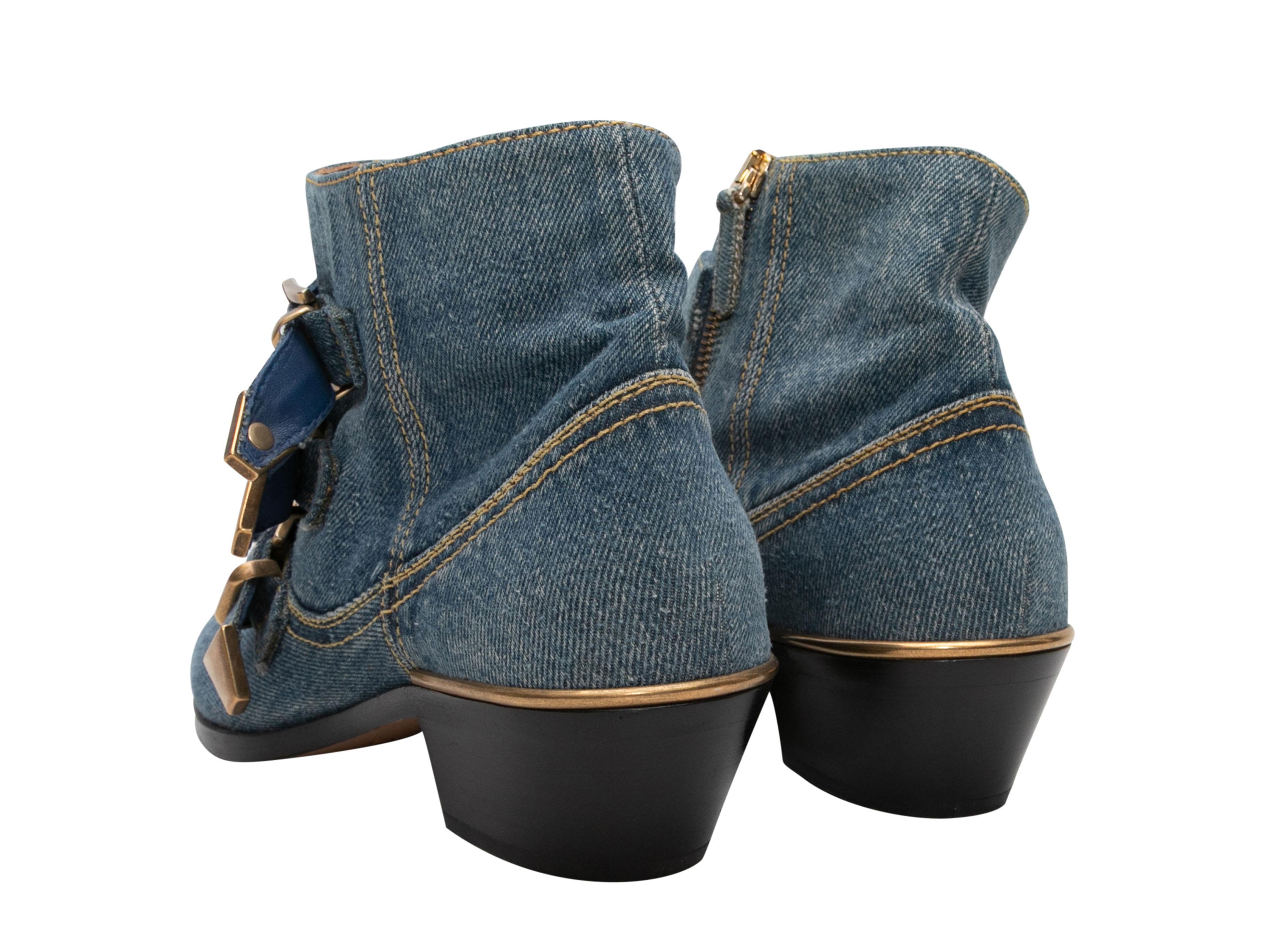 Medium Wash Chloe Denim Western Buckle Ankle Boots Size 38.5 In Good Condition For Sale In New York, NY