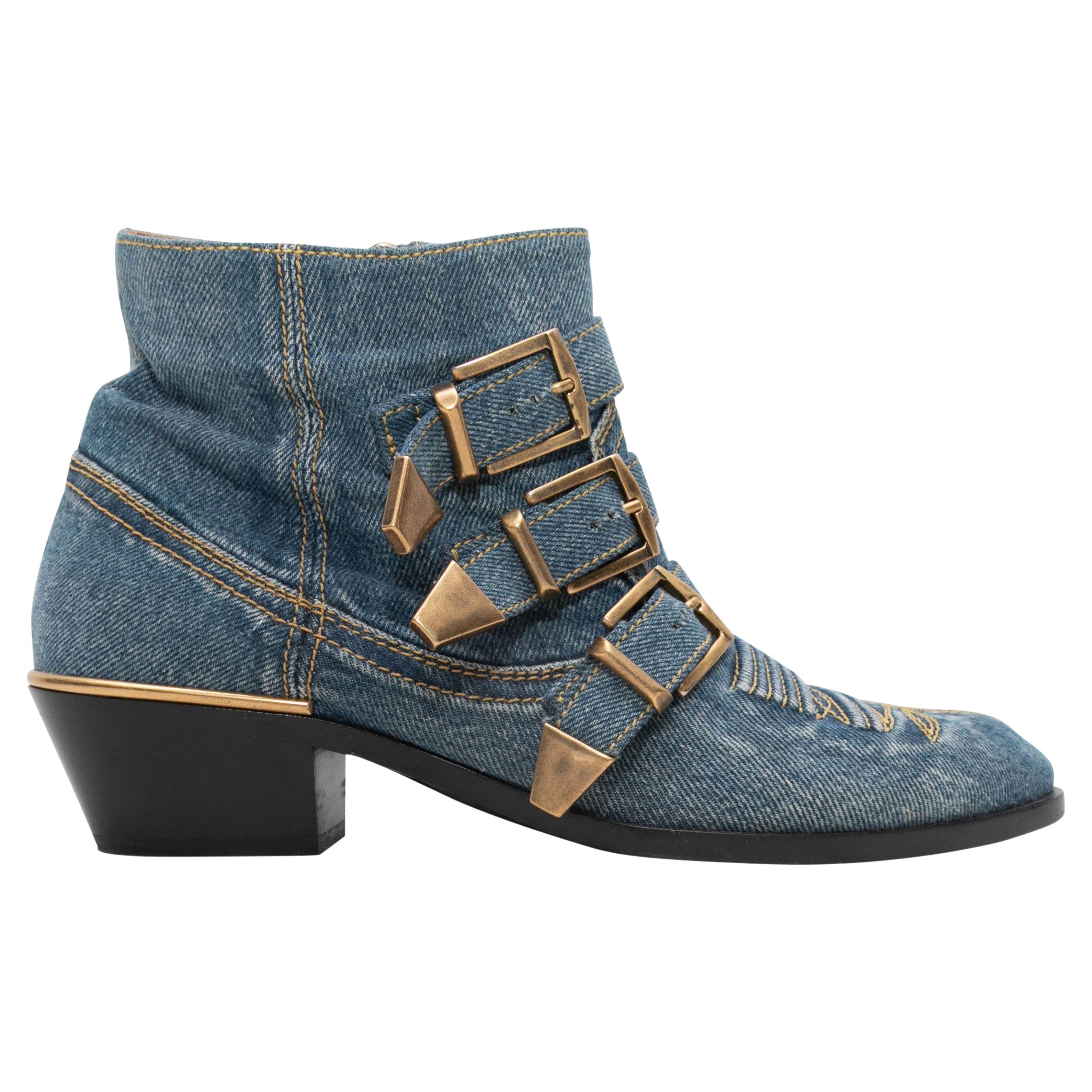 Medium Wash Chloe Denim Western Buckle Ankle Boots Size 38.5 For Sale