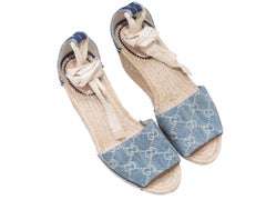 Medium Wash & Cream Gucci GG Denim Espadrille Wedge Sandals Size 38.5