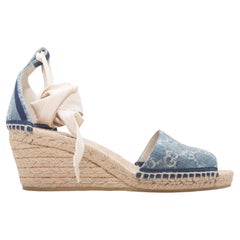 Medium Wash & Cream Gucci GG Denim Espadrille Wedge Sandals Size 38.5