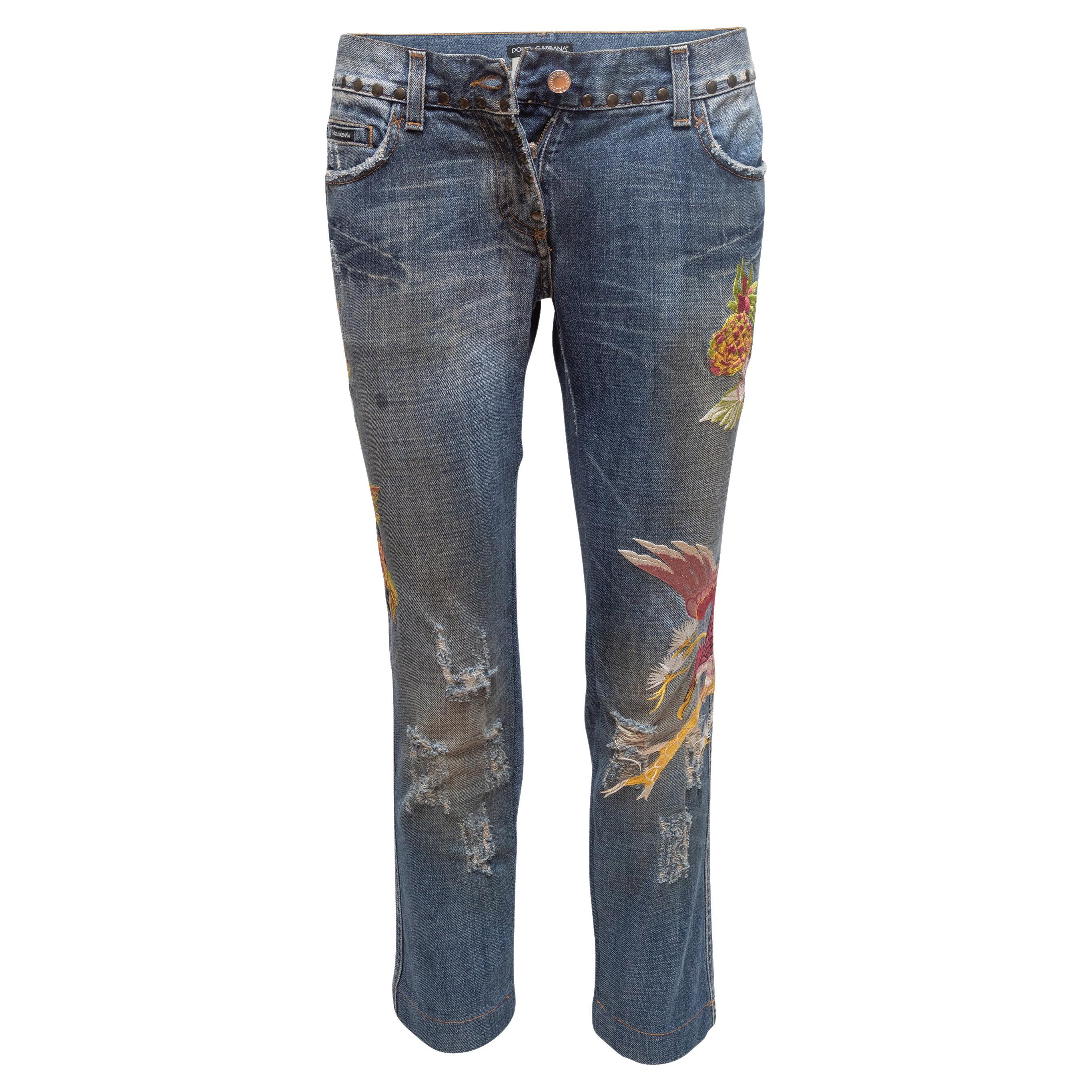 Medium Wash & Multicolor Dolce & Gabbana Embroidered Distressed Jeans For Sale